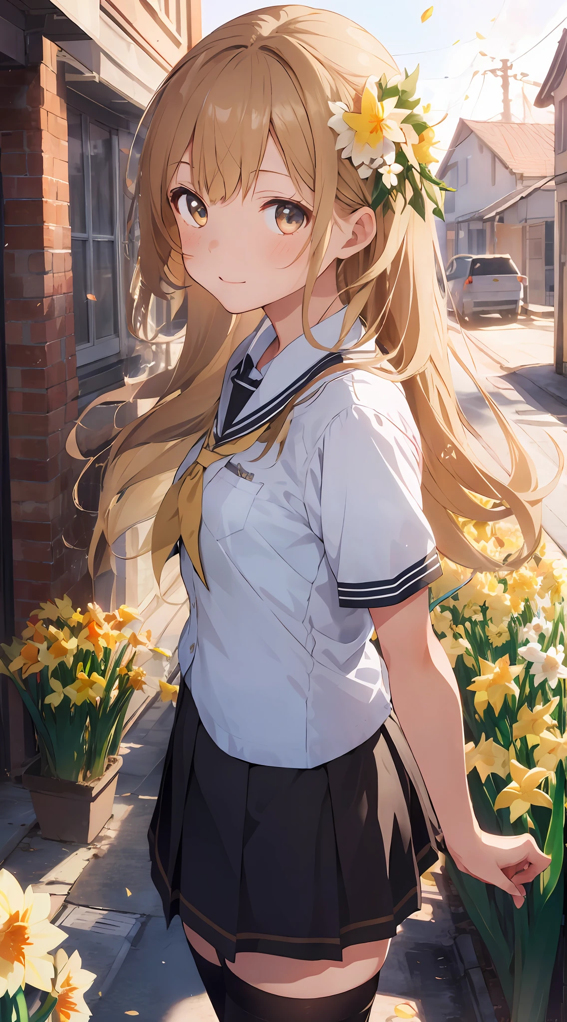 1girl, beautiful detailed eyes, light brown eyes, school uniform, skirt, vivid, flower, daffodil, hyacinth, falling petals, long light blonde hair, high black stocking, high contrast, ((masterpiece, best quality)), cinematic light, cinematic composition