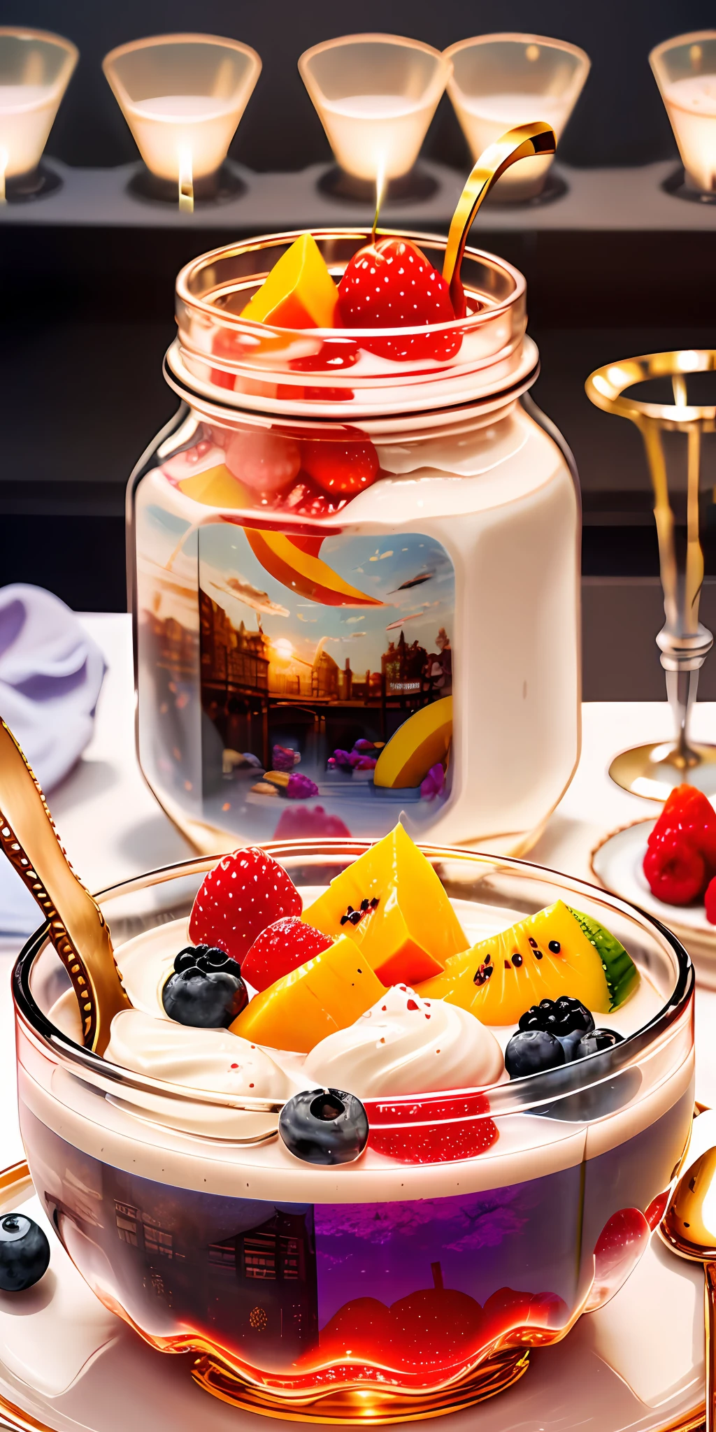 Healthy breakfast. Muesli and berry yogurt, CocktailWorld, scenery, landscape, Street, Depth of field , ((blurred background)), Masterpiece, Best Quality, ultra detail, (((Multi-layered jelly))) glass, stained glass windows, Multi-colored highlights, tmasterpiece, Top Quality, Experience, Chic, Boho-chic, a gold, utensil, kettle, a cup, plate, crystals, with floral print,1 glass of milk (can be cow's milk, vegetable milk or yogurt) 1 teaspoon vanilla extract of your choice (optional) Chopped fresh fruits (For example, strawberries, kiwi, mango, blackberry, raspberry, cherry, carom, blueberries, etc.) Marengo,