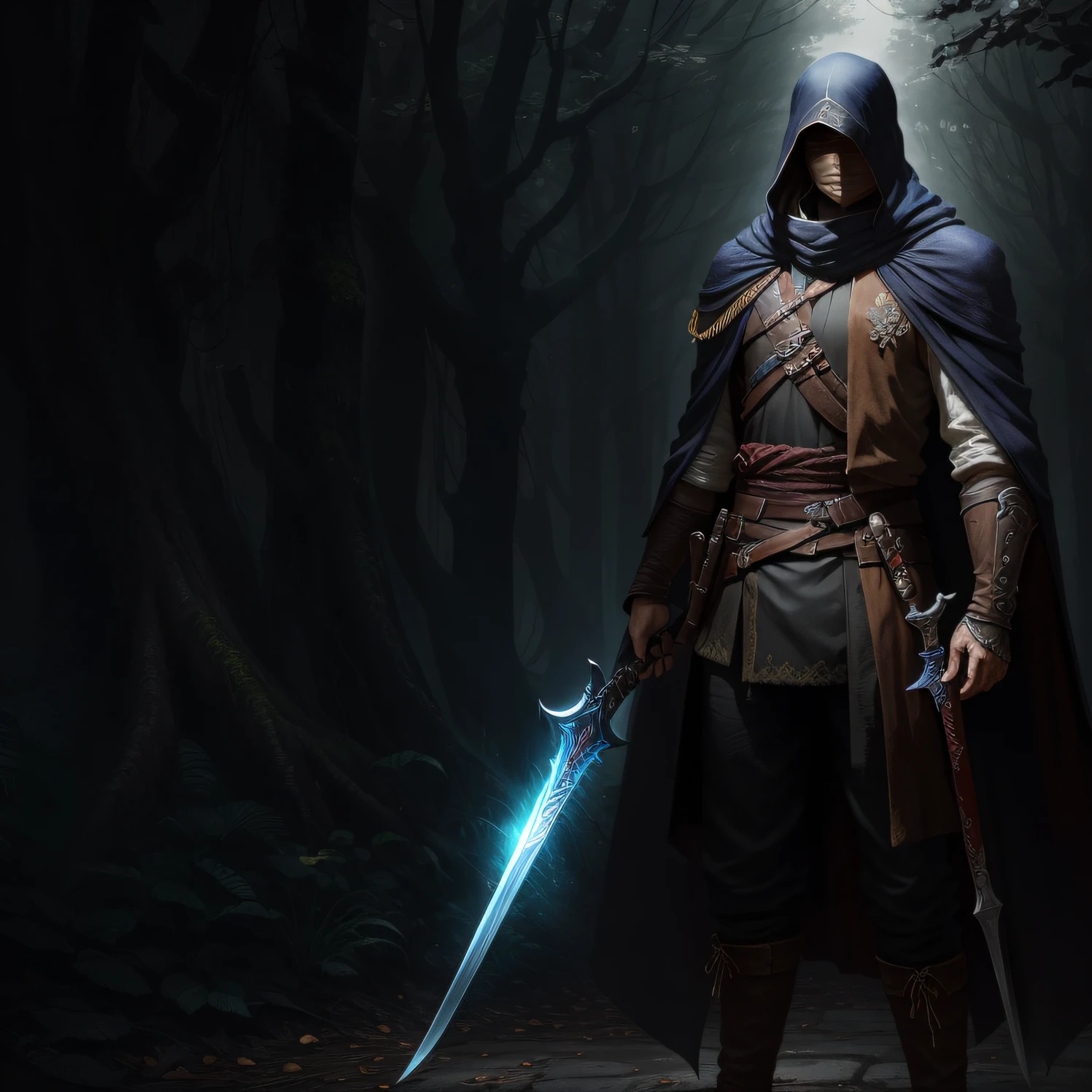 dark、assassins、young handsome、solo person、long whitr hair、cloaks、Two-handed long sword --auto