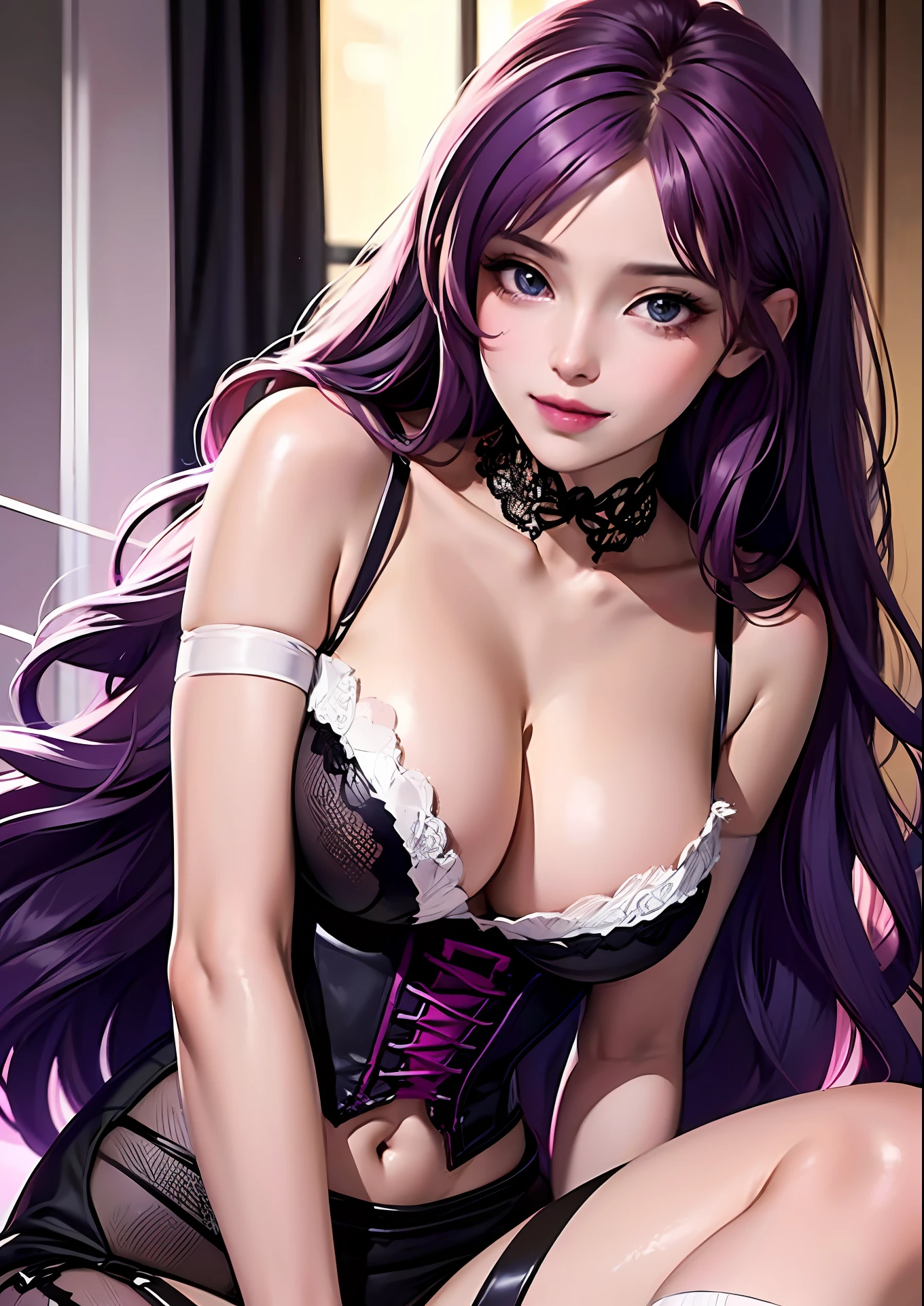 (masterpiece), best quality, big expressive eyes, perfect face, sexiest girl imaginable, cute girl, purple hair, voluminous hair, lingerie outfit, hip-length hair, no makeup, cleavage, close-up face, ((sexually explicit)), prostitute,, bitch, pink club lights, naughty smile, looking at the viewer, transparent lingerie outfit ((lace corset)(thong)(waist) (7/8 sock)), sweaty and flushed expression