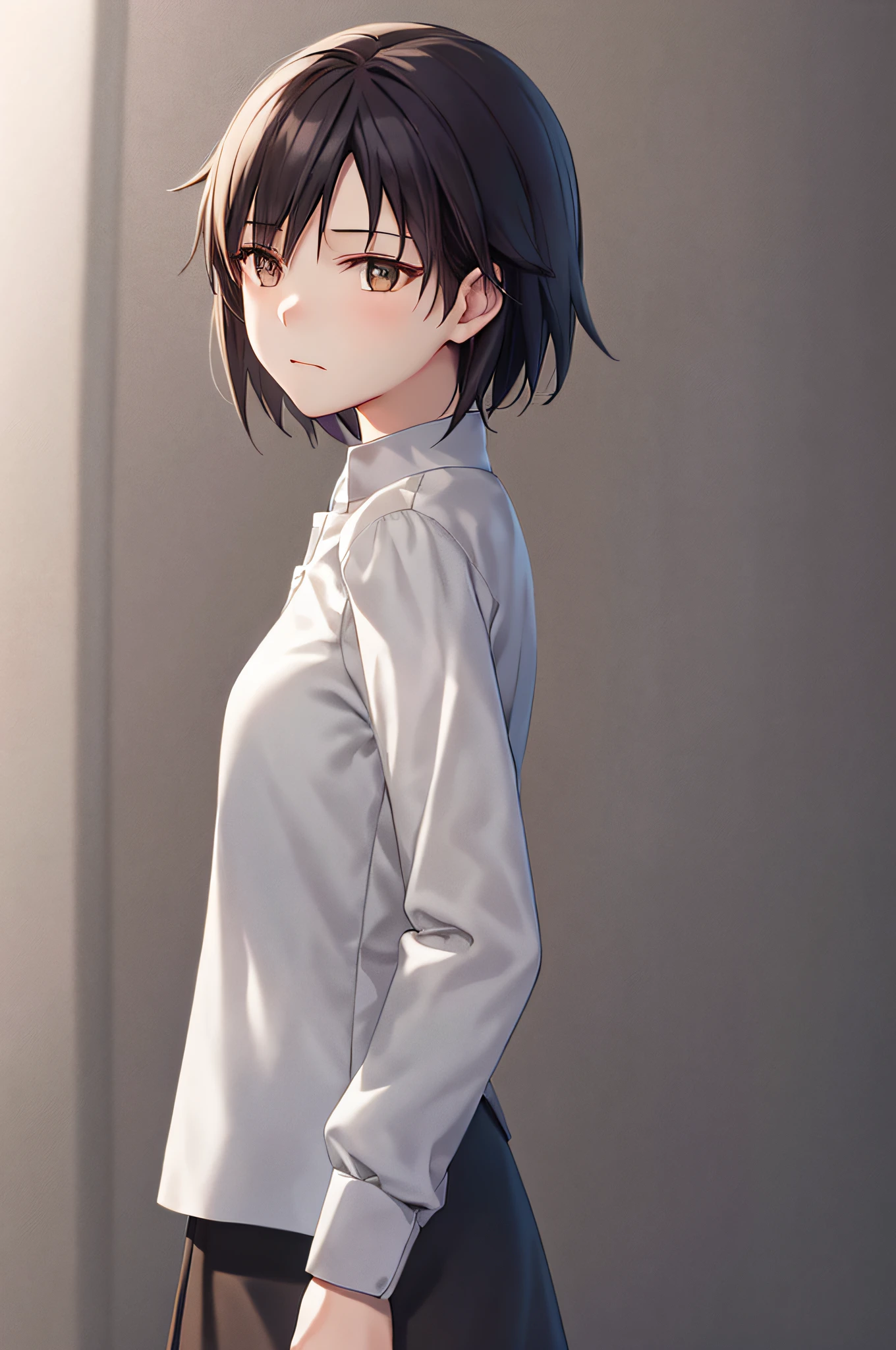 Very detailed and precise illustrations、Very beautiful 25 year old woman standing、独奏、Brown Shorthair、Perfect round gray eyes、small tits、sad Facial expression、Both hands are lowered、Dark grey long-sleeved shirt、Wearing a long dark brown skirt、From head to knee、Back lighting、Makoto Shinkai CG Art。