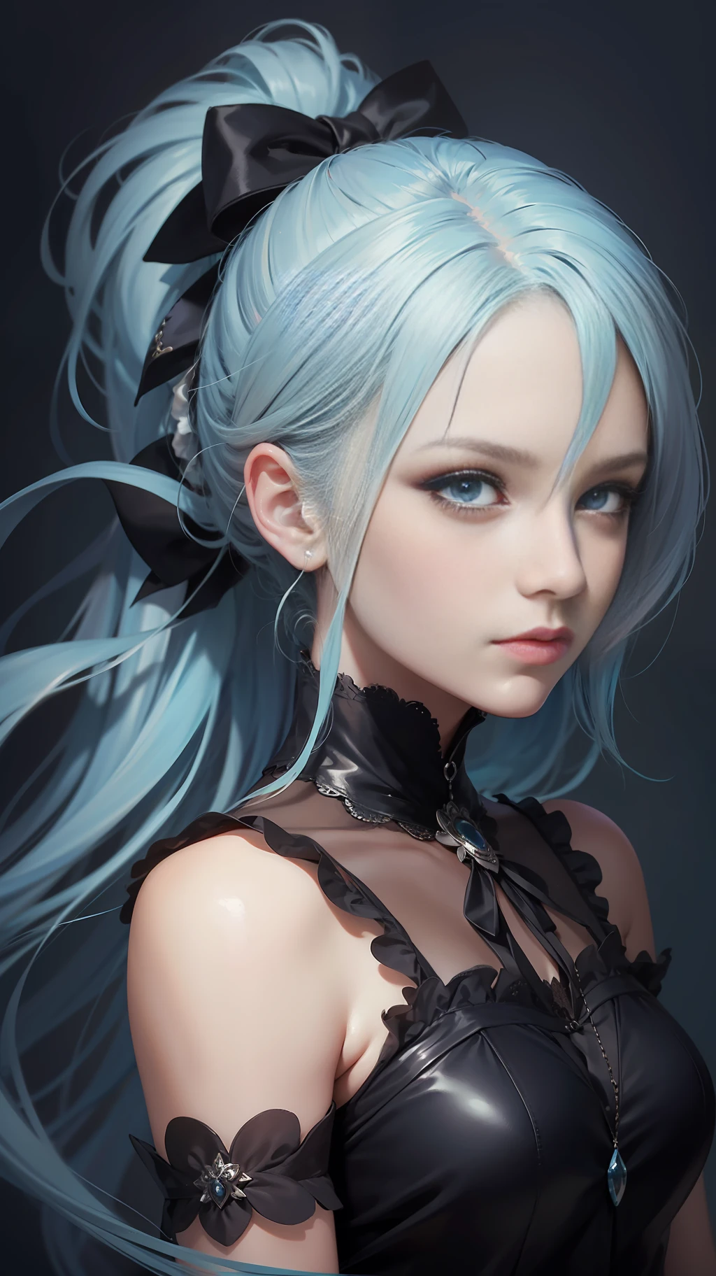 light blue hair, ribbon, scowl, ponytail, Gothic art, chiaroscuro, anime, super detail, 16k, anatomically correct, best qualit