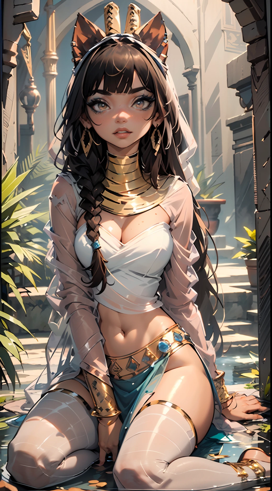 a girl from Ancient Egypt, 1girl,
(large breasts:1.4), saggy breasts, (((twin braids, tight braids,,, long braid, braided hair, Hime Long Haircut, Dark hair, black hair, colored inner hair))), ((violet eyes:1.3, Perfect eyes ,beautiful detail eyes, The rainbow glows with ultra-detailed dark green purple eyes:1.1, gradient eyes:1, finely detailed beautiful eyes:1, symmetric eyes:1, Large illumination of the eyes:1.2)), (((sparkly skin:1.5, suntanned skin, Bright skin: 1.5, suntanned skin, sparkly skin, Very shiny skin, shiny body))), (arachnoid lower abdomen, Narrow waist, wide hip, Athletic body, inflated legs, tender, Detailed fingers, The hand consists of a short thumb and four fingers, A hand with five fingers, Manual Help),
Cute, slutty, Sensual, seductive gaze, seductive, Erotic, fascinating, NSFW,
zettai ryouiki, Revealing clothes, Show skin, cleavage, ((underbreasts)), (((bare footed))), ((egyptian clothes)), ((Detailed Egyptian equipment)), Egyptian accessories, Useh Collar, earings, ((Hair tubes)), (eyeshadows), (egyptian makeup), Eyelid make-up, (((pelvic curtain))), (loincloth), (sheer fabric:1.1, Detailed outfit)
dynamicpose, looking a viewer, Embarrassed, (full height), full - body,
exteriors, (Egyptian Palace, Prehistory of the Egyptian palace), Detailed background, (an oasis, Background of the oasis), extremely detailed background, (Puddles are everywhere, moss, Moss in the background), Clouds,
(Best Quality), (High Resolution), (sharp-focus), (Ultra Detailed), (Extremely detailed), (Works of art of the highest quality), 8K_wallpapers, (Чрезвычайно детализированная CG 8k),(very good 8K CG), ((Hyper Super Ultra Ultra Детализированная Идеальная Деталь)), immaculate, (((Masterpiece))), illustartion, Bright colors