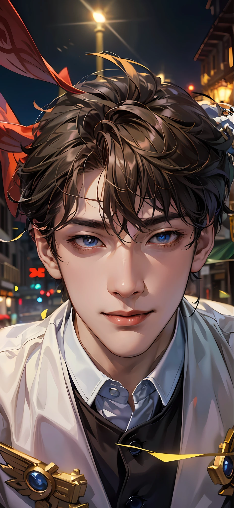 (hoang lap,A high resolution,hyper-detailing,HDR)+(tmasterpiece,best qualtiy)+(1 handsome boy,short detailed hair,Fine eyes and detailed face,whitet-shirt,red blous,dimple)+(Night Street,nightcity,midynight)+(self-shot,Light smile)