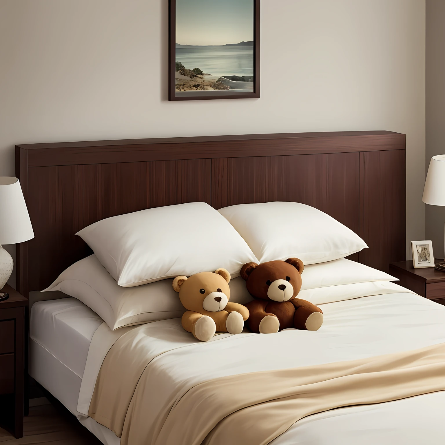 There was a teddy bear sitting on a plain white bed，pillow head, designed for cozy aesthetics!, Beige, cozy bed, detailled image, Bed,softness，warmth, large comfy bed, , bed is not made, un made bed, Cotton, Whimsical, light beige pillows, cute design, toy bear, Lying in bed, cozy aesthetic --auto