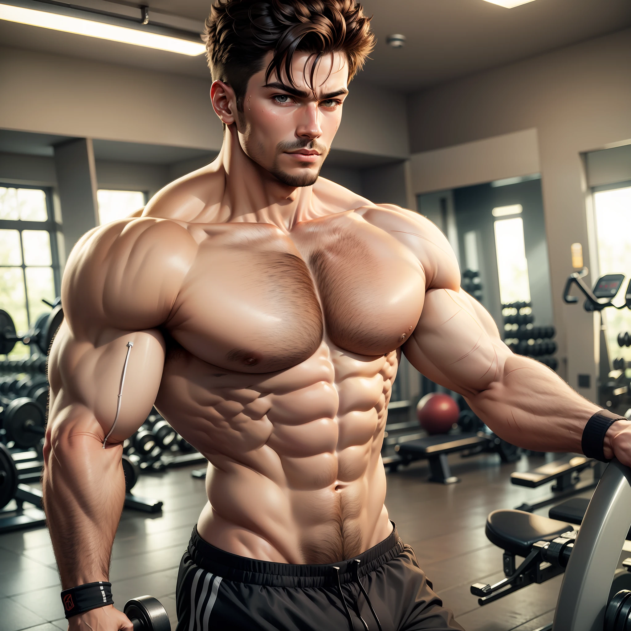 Dark-skinned muscular uncle working out in gym without clothes，The whole body is sweaty