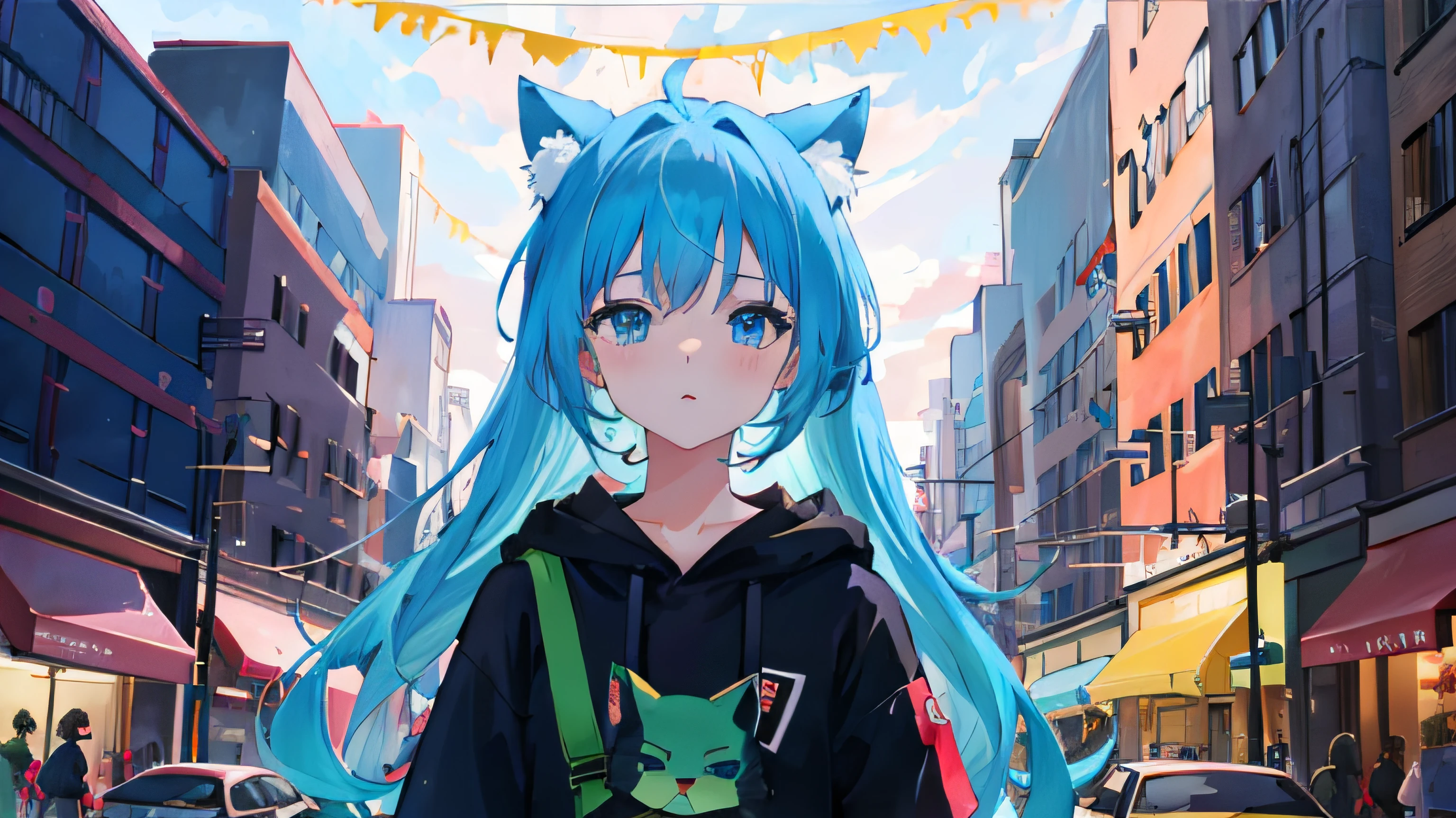 Anime girl with blue hair and blue eyes walking down the street, style of anime4 K, anime girl with cat ears, cute anime catgirl, anime moe art style, anime catgirl, beautiful anime catgirl, Anime style. 8K, Anime girl with teal hair, Girl with cat ears, Anime art style, Anime style illustration, anime art style, Anime style portrait