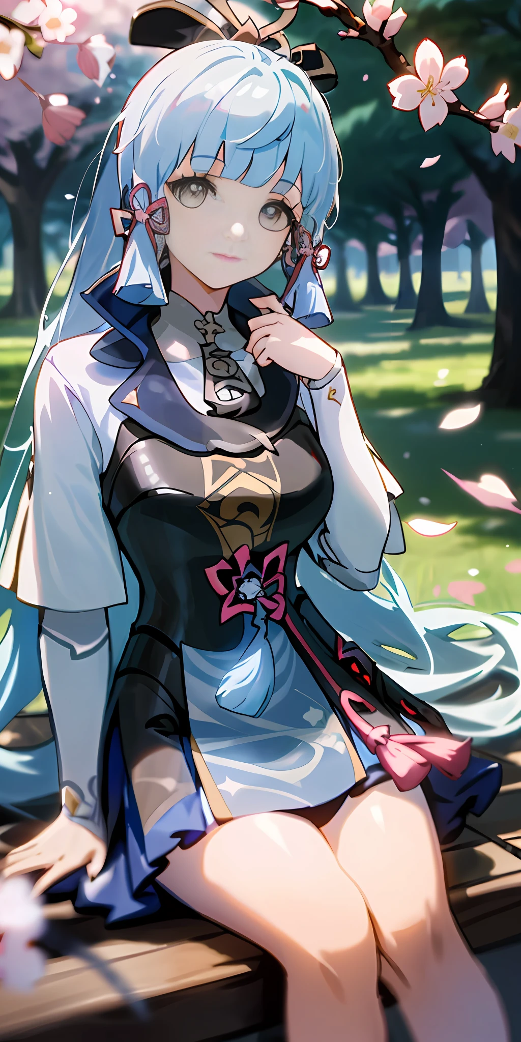 （tmasterpiece，best qualtiy，ultra - detailed），(Genshin Impact:1.2)，Kamiasto ayaka，(8k wallpaper，A high resolution)，Elegant beautiful girl，1 long girl with light blue hair sitting under a cherry blossom tree，warmly lit，Blurred foreground，Elaborate Eyes，light particules，Detailed facial features，Clothing that exposes
