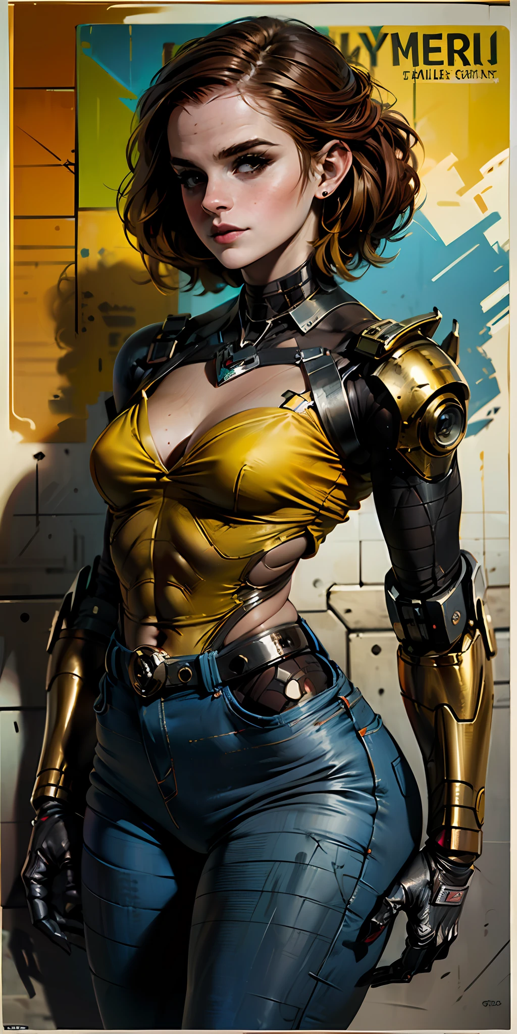 Cartel estadounidense de la Segunda Guerra Mundial, Estilo Gil Elvgren ((Piel detallada)) (((A young Emma Watson woman with straight red hair long to the waist in superhero pose in yellow shirt and blue jeans))) ((Traje detallado completamente rojo con oro)) (Coches en el fondo de la imagen) (((robotic left arm)) (((Brazo cyberpunk)))Adobe Lightroom, hero uniform, 1 girl,  solamente, buen cuerpo, Luz lateral, Estilo de arte del cartel. 1980s, 1950s, 1960s, 1940s, basic colour scheme, Very colourful poster, Arte colorido, Tercera regla, inspirador, Mujer, 1 25-year-old girl, cabello soplando en el viento, Mirando al espectador, fondo borroso, Curvaceous Body, ojos verdes