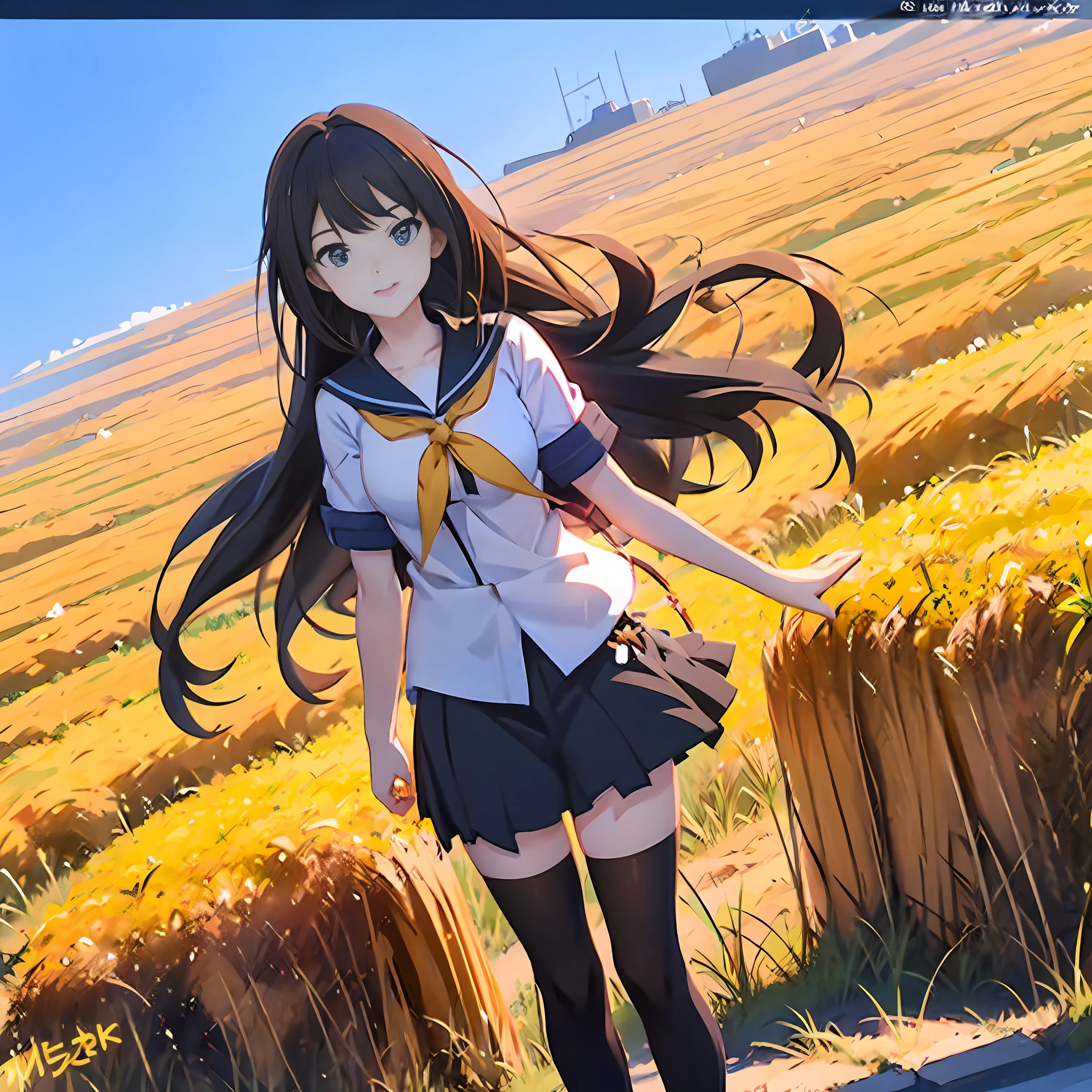 Anime Girl in the Hayfield, in field high resolution, Anime style. 8K, anime moe art style, Smooth anime CG art, Beautiful Anime High School Girls, hanayamata, Kantai collection style, author：Hosomura Kane, trending on artstation pixiv, noire photo, anime big breast. Soft lighting, ilya kuvshinov with long hair