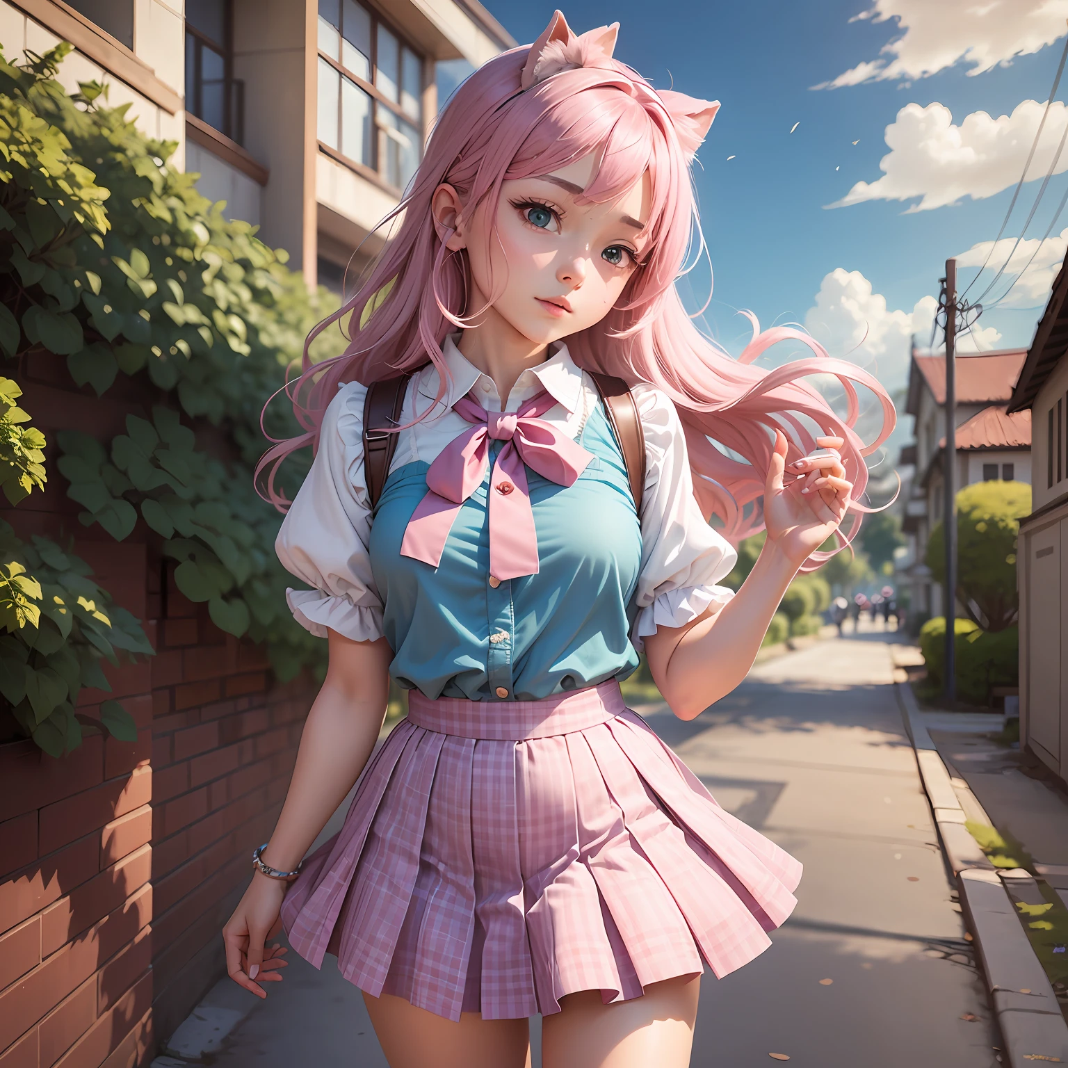 Anime category,girls,Pink Long Hair,Behind you is a sea of blue flowers,Sunnyday,short skirt,There are cat ears,There is a cat tail --auto