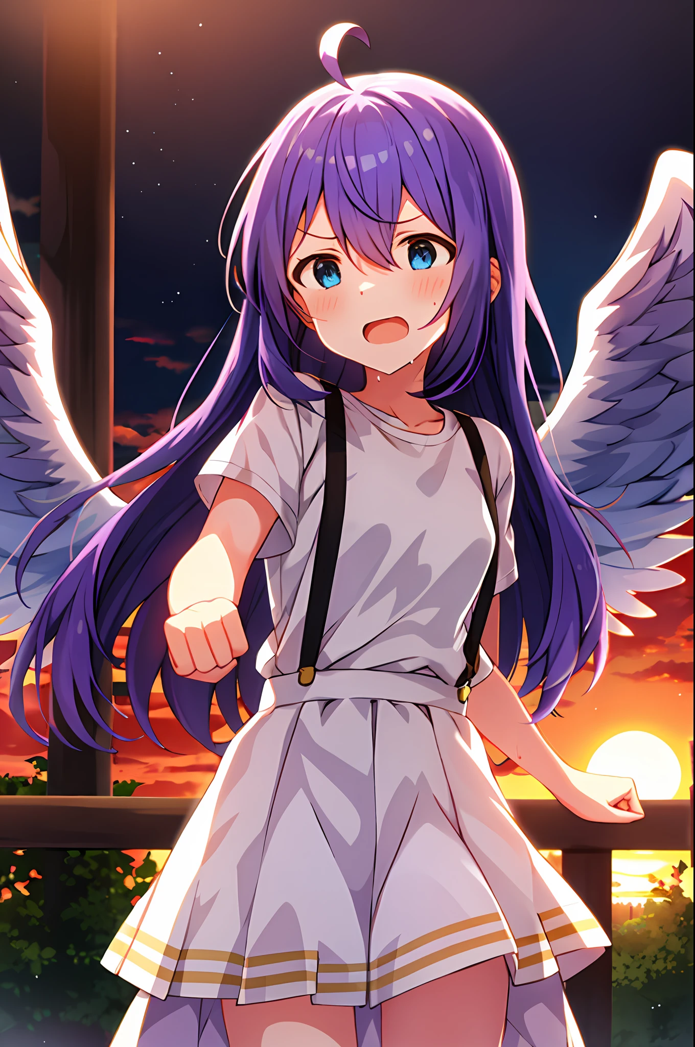 mochizuki anna,1girl in,Solo,Long hair,Purple hair,Small_Ahoge,Blue eyes.Short stature.white t-shirts.suspenders.Skirt.Evening glow.the setting sun.Spread your arms.Despair face.Sweat.Opening Mouth.clench your fists.up chest.Angel wings.