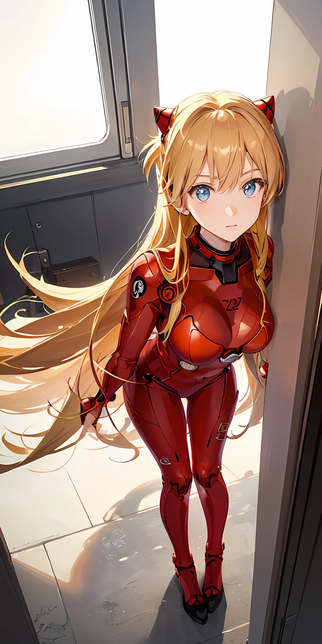 (Overhead view),dynamic angle,ultra-detailed, illustration, close-up, straight on, 1girl, 
 ((souryuu asuka langley, interface headset, red bodysuit:1.4, blonde)),Her eyes shone like dreamy stars,(glowing eyes:1.233),(beautiful and detailed eyes:1.1),(expressionless,closed mouth),(standing), 
(mechanic room with toolsand spaceship windowin a white SPACESHIP),
(night:1.2),dreamy, [[delicate fingers and hands:0.55]::0.85],(detail fingers),