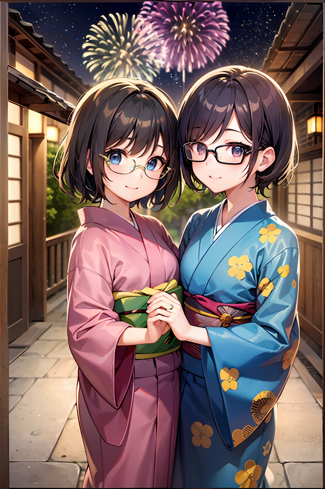 top-quality、超A high resolution、16yo girl２a person、lesbian、embracing each other、Short hair、Dark hair、hair adornments、eye glasses、Infant body type、Japanese Yukata、outside of house、Fireworks Festival、sky at night、sparklers、Sklinny