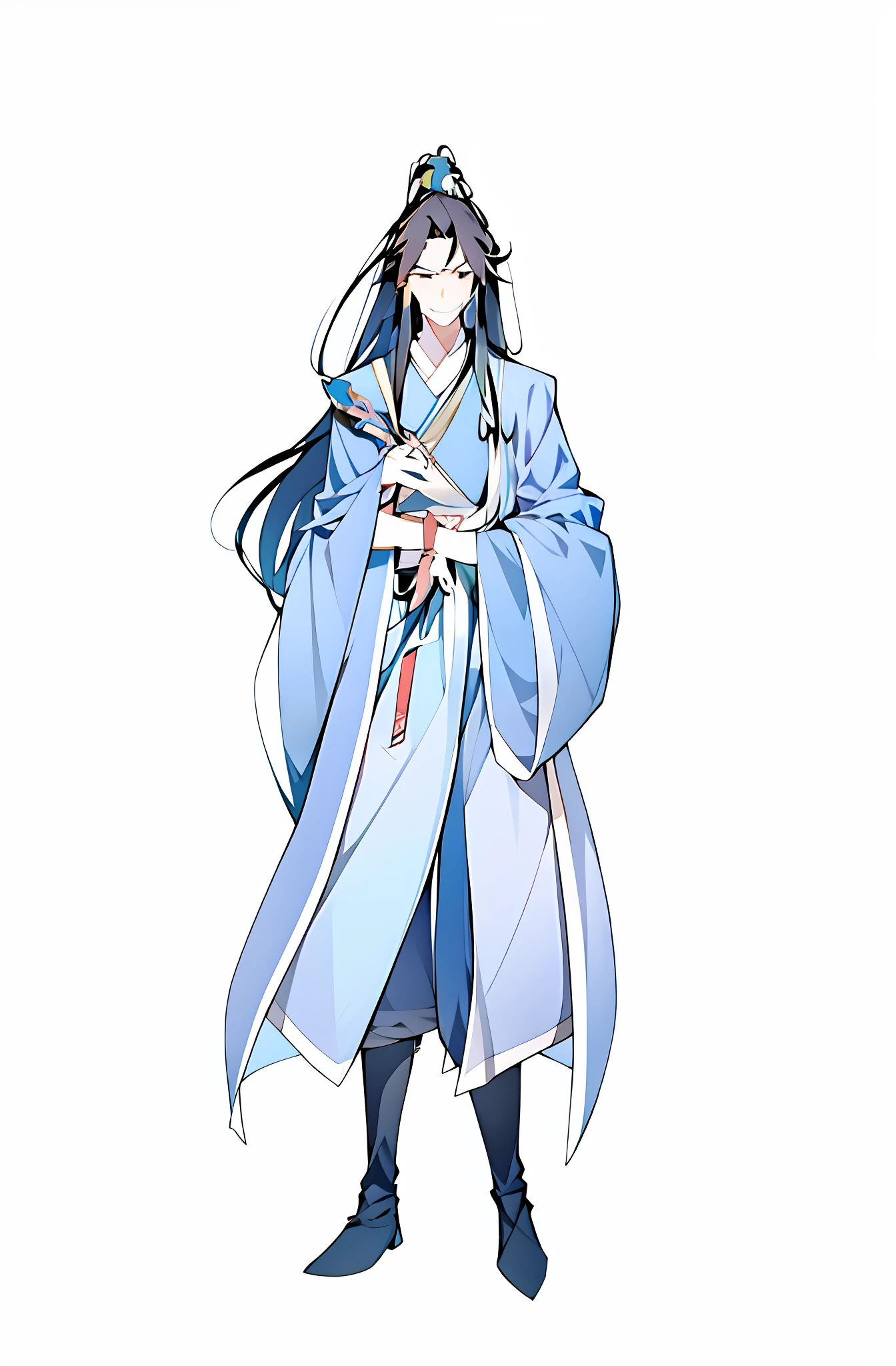 Anime characters with long hair and blue robes holding a fan, flowing hair and long robes, full-body wuxia, inspired by Wu Daozi, Inspired by Cao Zhibai, wearing a long flowing robe, Inspired by Seki Dosheng, Wears a robe with a moire pattern，brunette color hair，Wearing black boots，Holding a folding fan，The robe has a white pattern，A small bag hangs from the waist，There are white flowers on the bag，ssmile