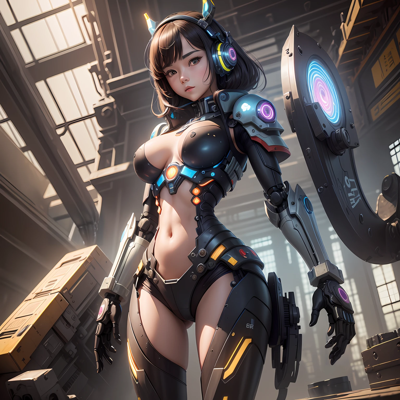 (Masterpiece),high - tech,Equipped with high-tech weapons,Avant-garde fashion,Elegant and upright,Slim female body,Mecha equipment,Animal characteristics,Neon lights。