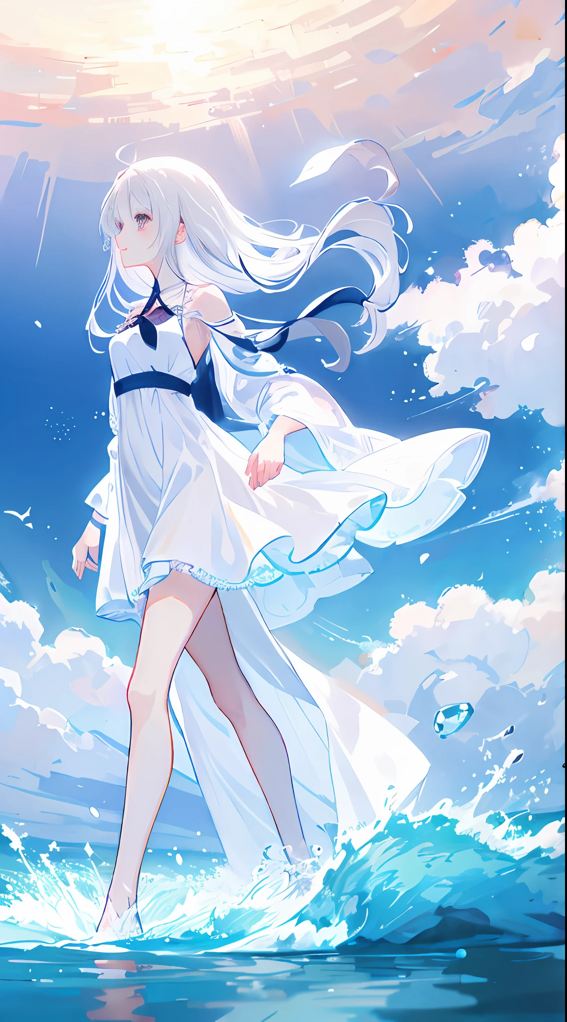 (((animemanga girl))), Flowing white hair, Beautiful Peace Scene, Walk in a white dress in the sea,Silvery hair, nightcore, Smooth anime CG art, Beautiful scene with perfect details, High-resolution image quality,anime wallpaper 8 K, wallaby, Feel harmony and beauty at the moment。