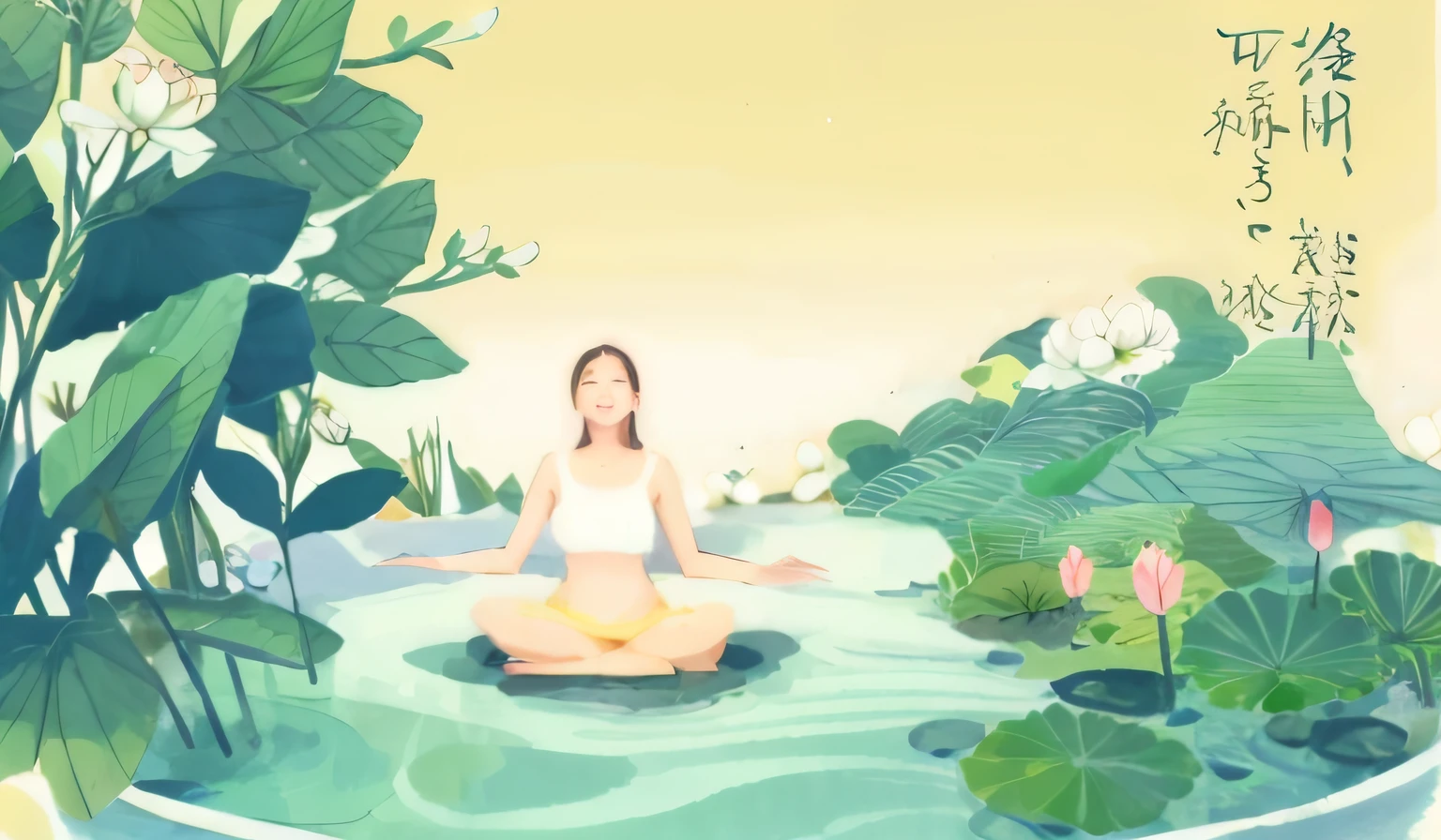 In the pond there is a woman sitting in the lotus position, serene illustration, sitting on a lotus flower, animation illustrative style, dreamlike illustration, standing gracefully upon a lotus, Lotus pond, Lotus pose, Relaxing concept art, floating in a powerful zen state, animated movie still, The Hindu phase of meditation, 2D illustration, 2 d illustration, Digital illustration --auto