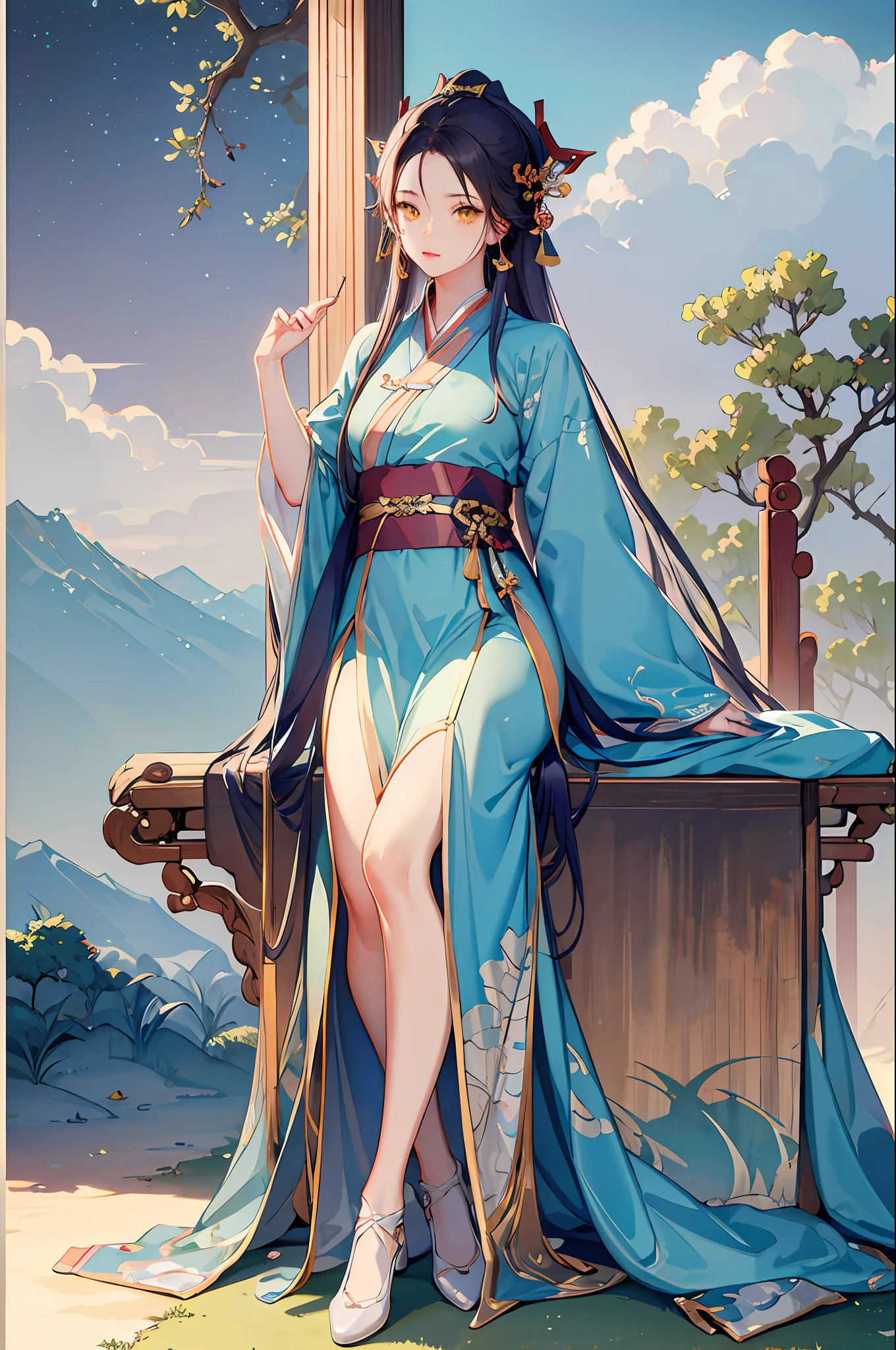 masterpiece, professional lighting, photon mapping, radiosity, physically-based rendering,1girl, full body,absurdres, highres, skyline, beautiful detailed sky, covered,(hanfu, ming style),yellow eyes,