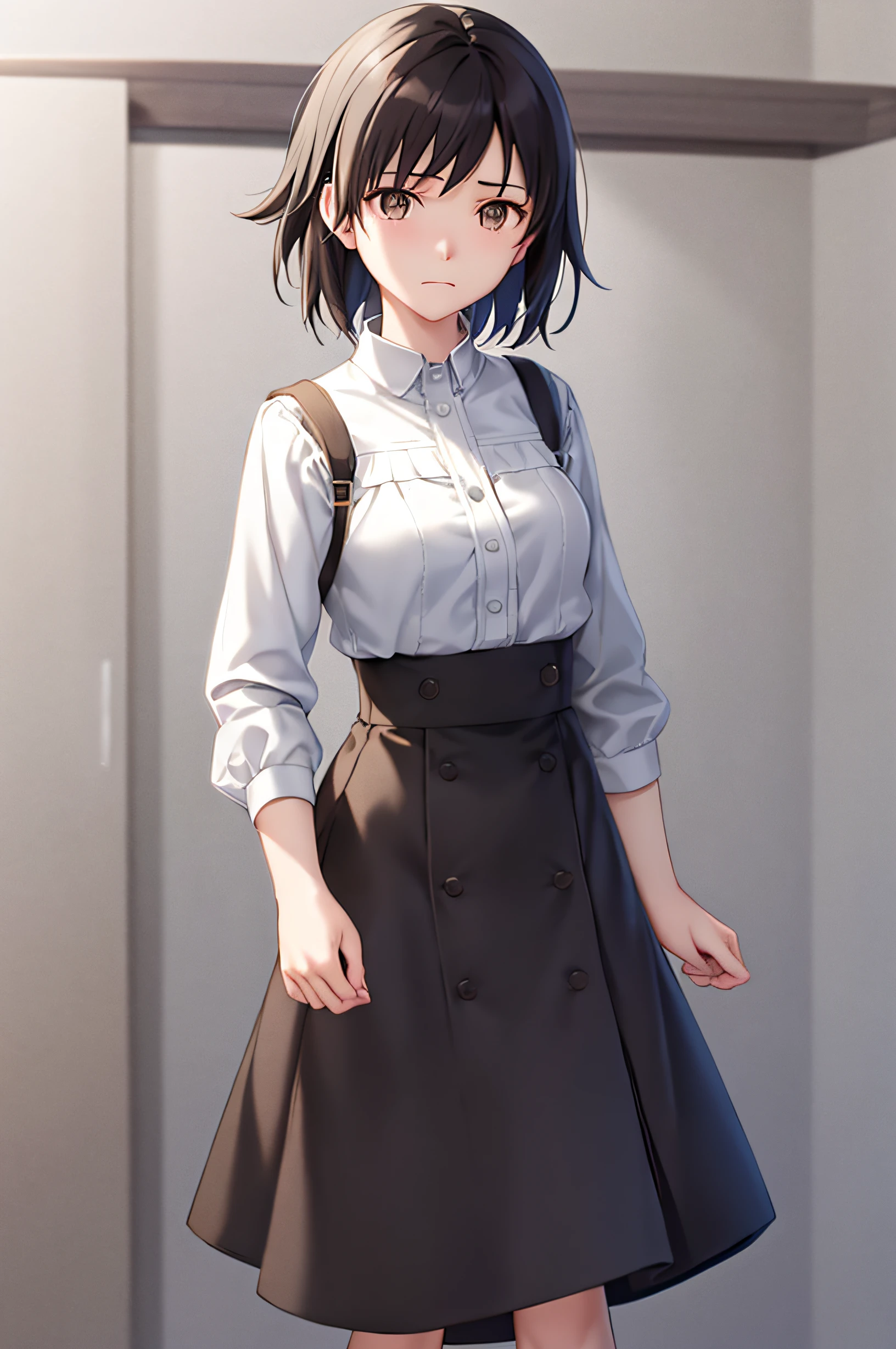 Very detailed and precise illustrations、Very beautiful 25 year old woman standing、独奏、Brown Shorthair、Perfect round gray eyes、small tits、sad Facial expression、Both hands are lowered、Black long-sleeved shirt、Wearing a long dark brown skirt、From head to knee、Back lighting、Makoto Shinkai CG Art。