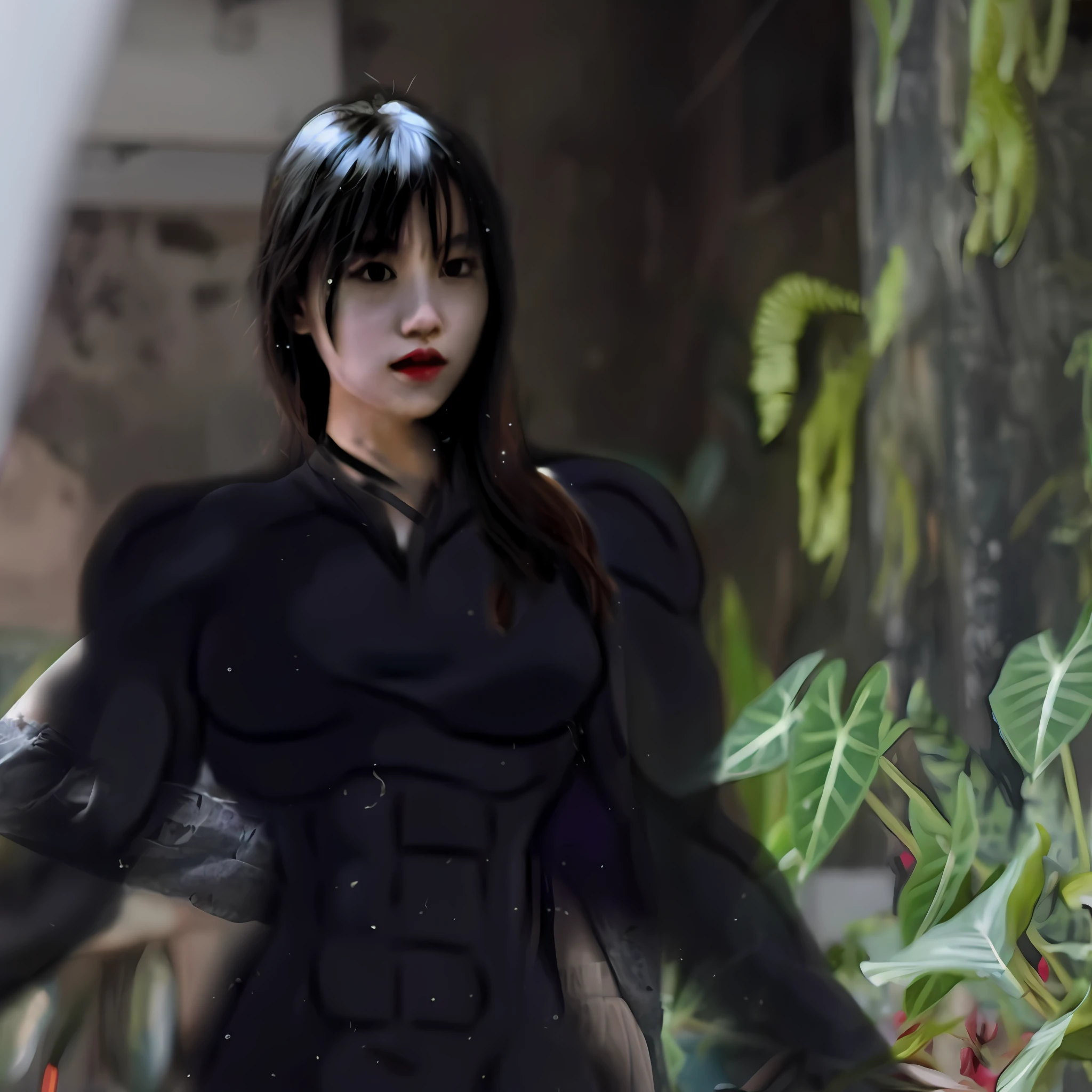 In the garden stood a beautiful woman in a black dress, Muscular beauty,Abs beauty,Beautiful woman in black silk,Bigchest,iu lee ji-eun as a super villain, styled like ghost in the shell, made with anime painter studio, Inspired by Ai Xuan, cyberpunk in foliage, inspired by Leng Mei, park shin hye as a super villain, portrait of tifa lockhart, 《Fantasma na Concha》styled
