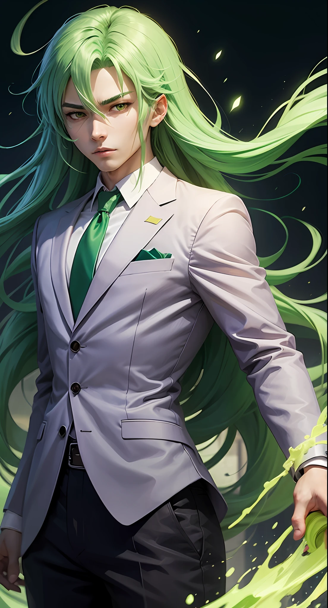 Anime characters with green hair and suits and ties, green aura, green mane, green colored skin!!, demon slayer rui fanart, made with anime painter studio, green flowing hair, anime moe art style, drawn in anime painter studio, sickly green colors, handsome guy in demon killer art, wataru kajika, glowing green, lucio as a woman --auto