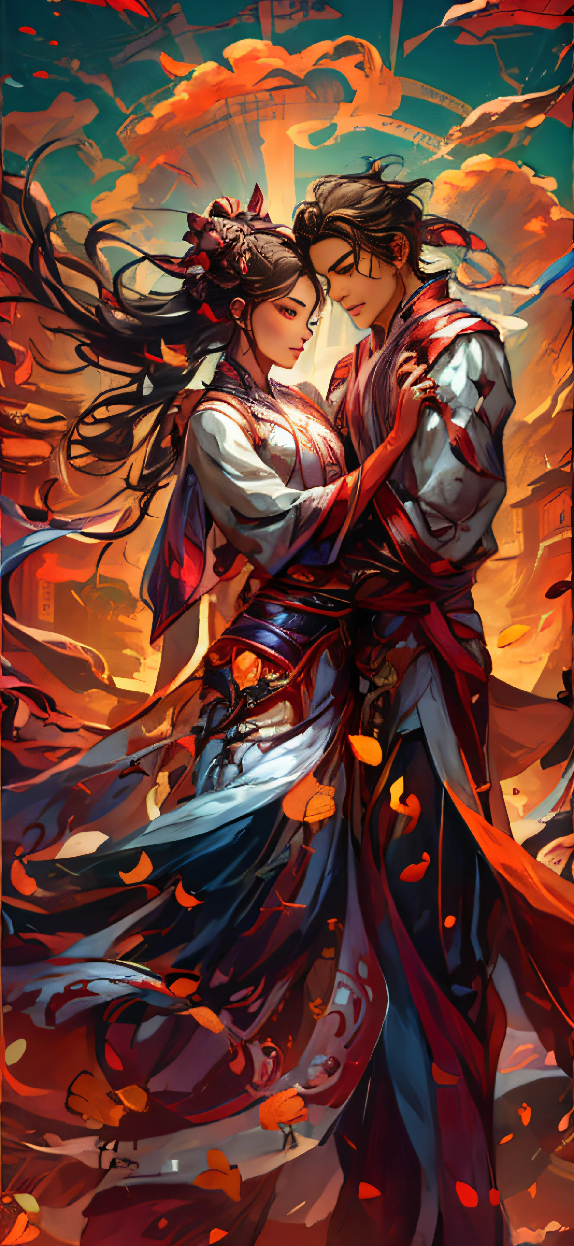 (tmasterpiece,top Quority,best qualtiy,offcial art,Beauty and aesthetics:1.2),(1 girl, 1 boy, Beautiful women and handsome guys hugging, Cowherd and Weaver Girl, Chinese Valentine's Day, Tanabata),delicated face, beautiful countenance, blue skirts, Red belt, orange sky, Orange cloud, Extremely detailed,(s fractal art:1.3),Extremely colorful,Most detailed