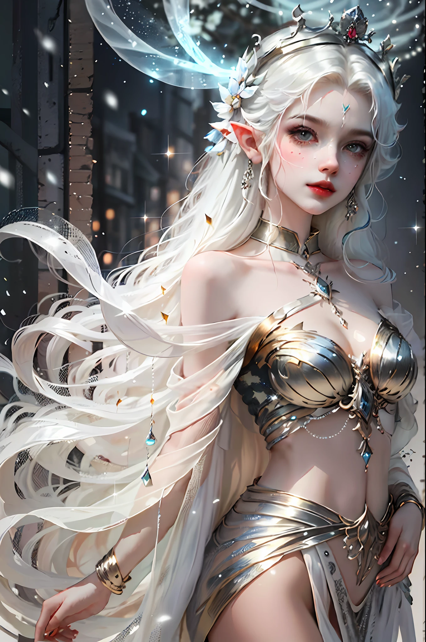 A woman with a crown and a TIA on her head, beautiful and elegant elf queen, Guviz, Fantasy art style, 8K high quality detailed art, Elf Princess, alluring elf princess knight, digital fantasy art , beautiful elven princess, beautiful and elegant female elf, long white hair,White-colored skin,Elf Girl,Wearing a white kimono,The skin is translucent white,The hair is long and dark,sparkle in eyes,The elves were dressed in pure white,beautiful face,Lonely pale face,The light from the back window is backlighted,Particle,Glow,Guviz-style artwork, WLOP Art,