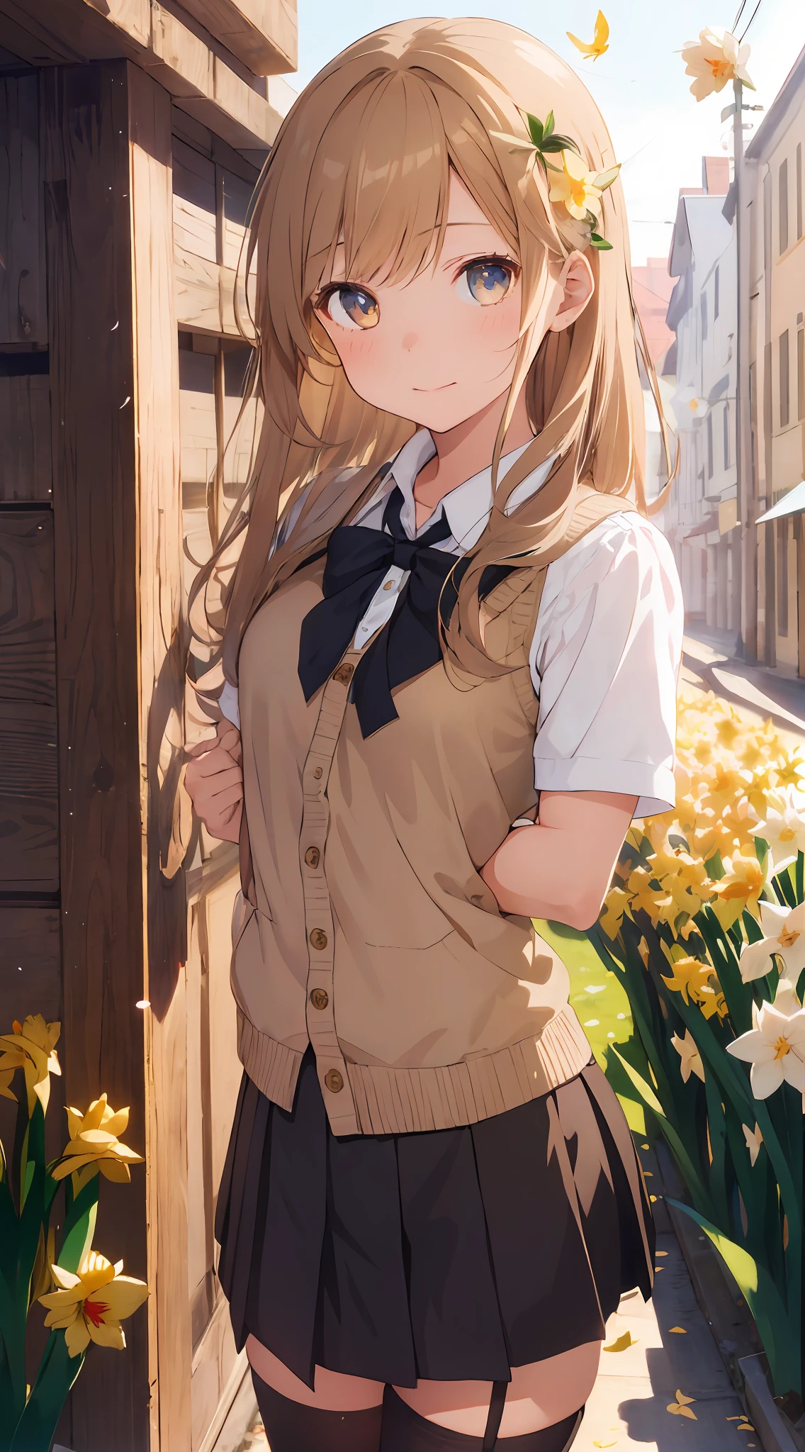 1girl, beautiful detailed eyes, light brown eyes, school uniform, skirt, vivid, flower, daffodil, hyacinth, falling petals, long light blonde hair, high black stocking, high contrast, ((masterpiece, best quality)), cinematic light, cinematic composition