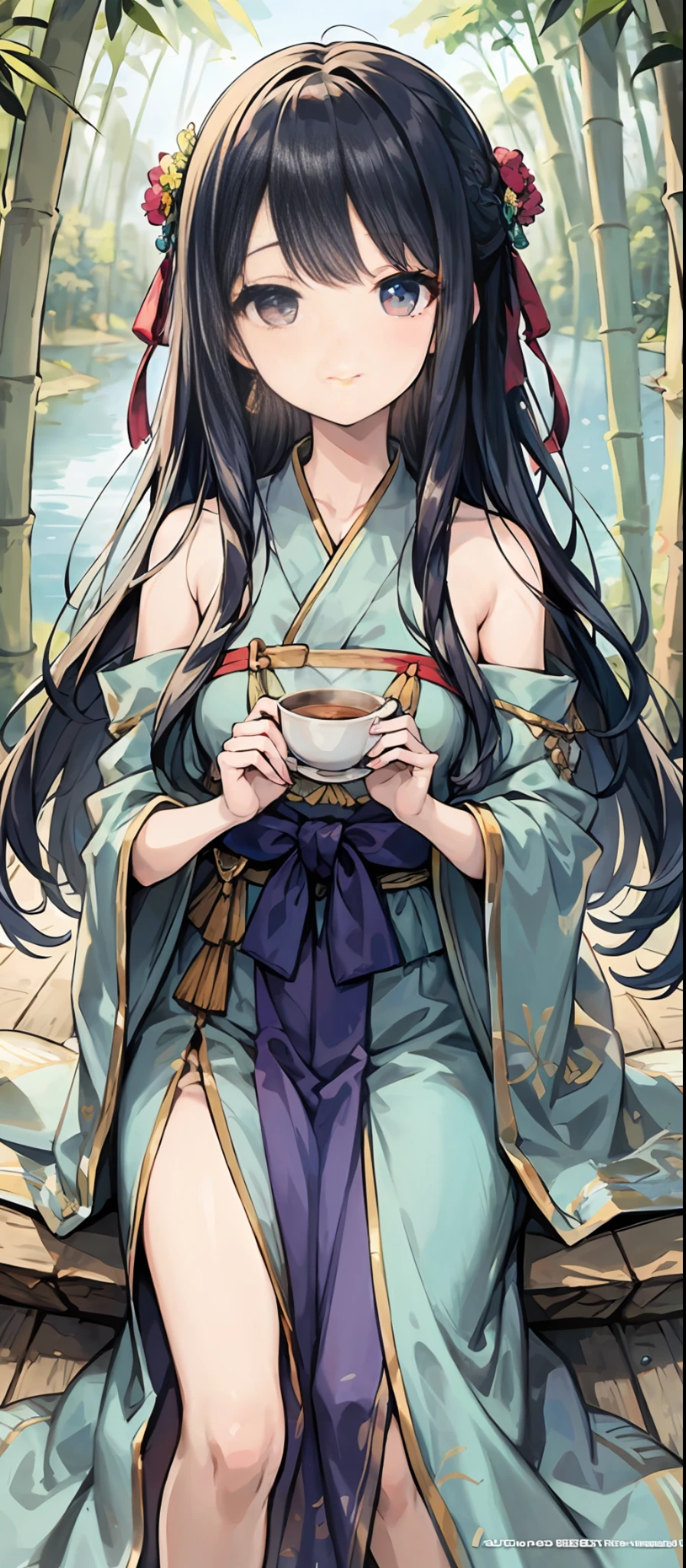Masterpiece, Best Quality, Official Art, 8k Wallpaper, Very Detailed, Illustration, 1 Girl, Sky Blue Hair, Long Hair, Detailed Eyes, Forrest Gump, Bare Shoulders, Hanfu, Lake, Pure, Soft Smile, bamboo, tea