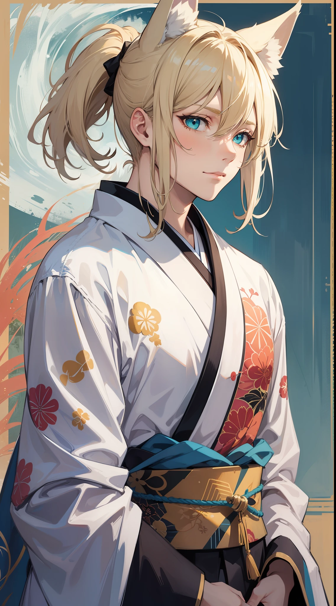 adult man, light blonde hair, low ponytail, white fox ears, white fox tail, Cyan eyes, kimono, Masterpiece, hiquality