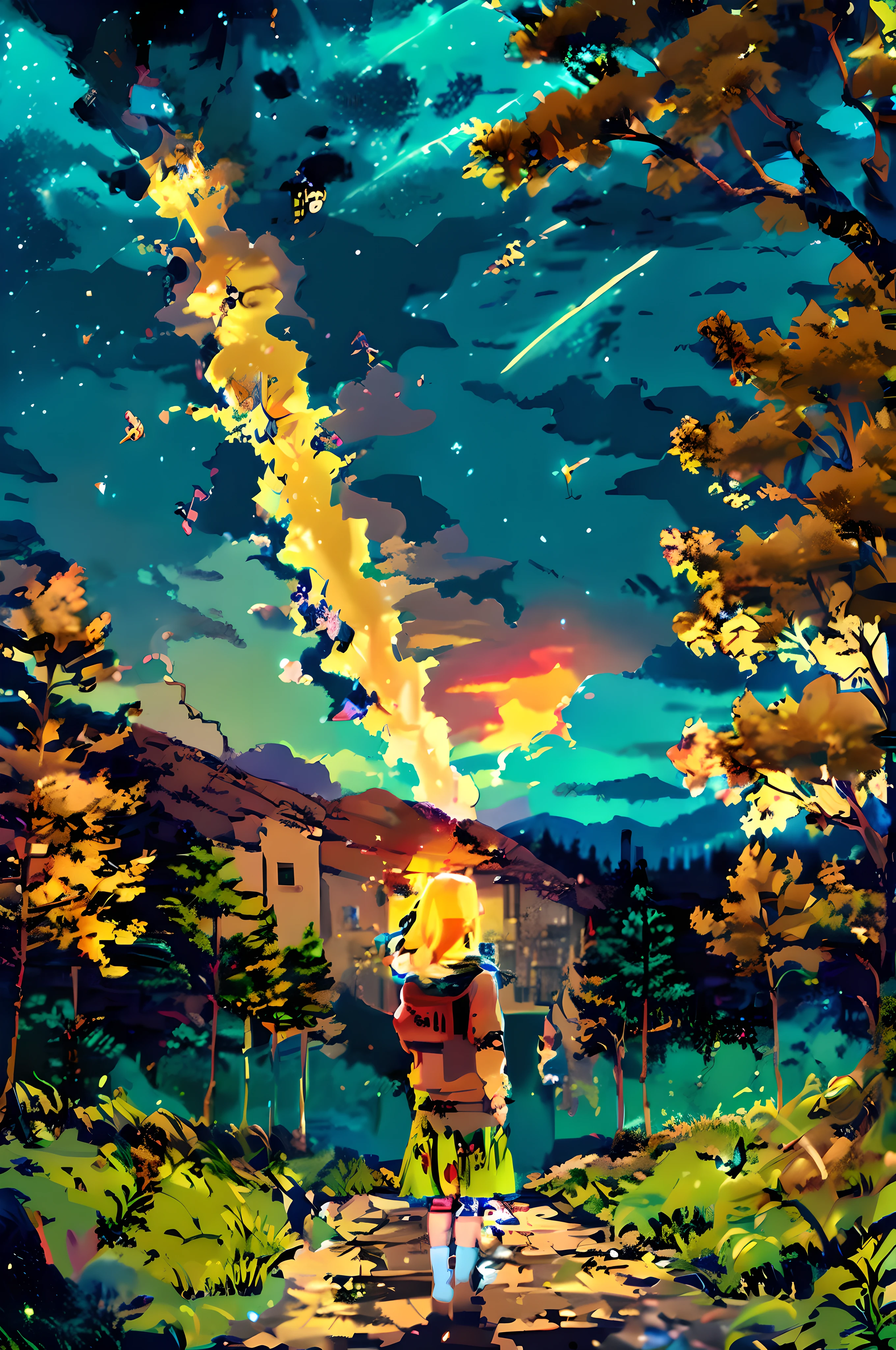 deep in the night,Girl in skirt under a towering tree,At this time, A meteor flew by,fireflies flying,Girl with blonde hair,Clap your hands together,Look up at the stars,Pray to the stars,He has a Chinese dog by his side --auto