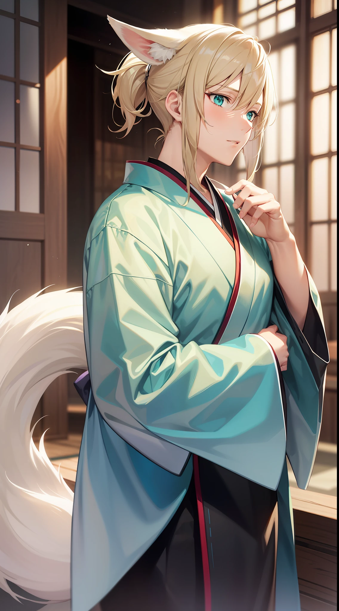 adult man, light blonde hair, low ponytail, white fox ears, white fox tail, Cyan eyes, kimono, Masterpiece, hiquality