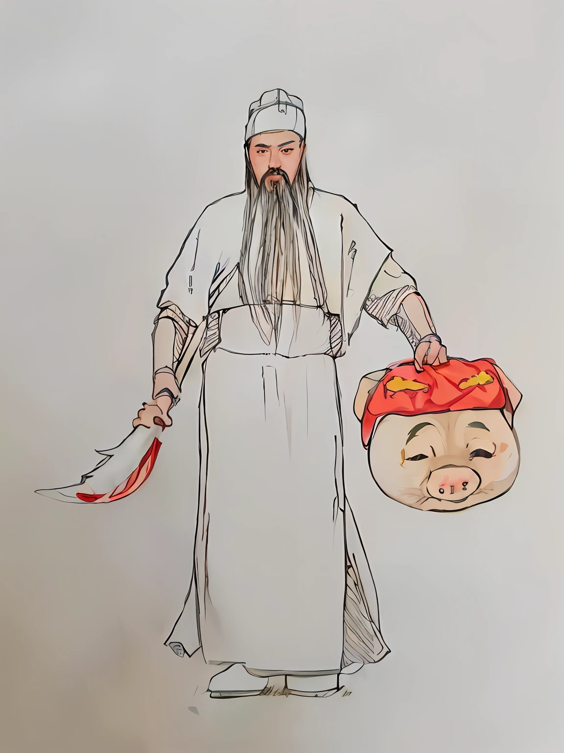 a drawing，A bearded man with a knife and a pig's head, Inspired by Hu Zaobin, inspired by Dong Yuan, inspired by Wu Daozi, inspired by Shūbun Tenshō, inspired by Fu Baoshi, inspired by Wu Bin, Akira in Chinese mythology, inspired by Tōshūsai Sharaku