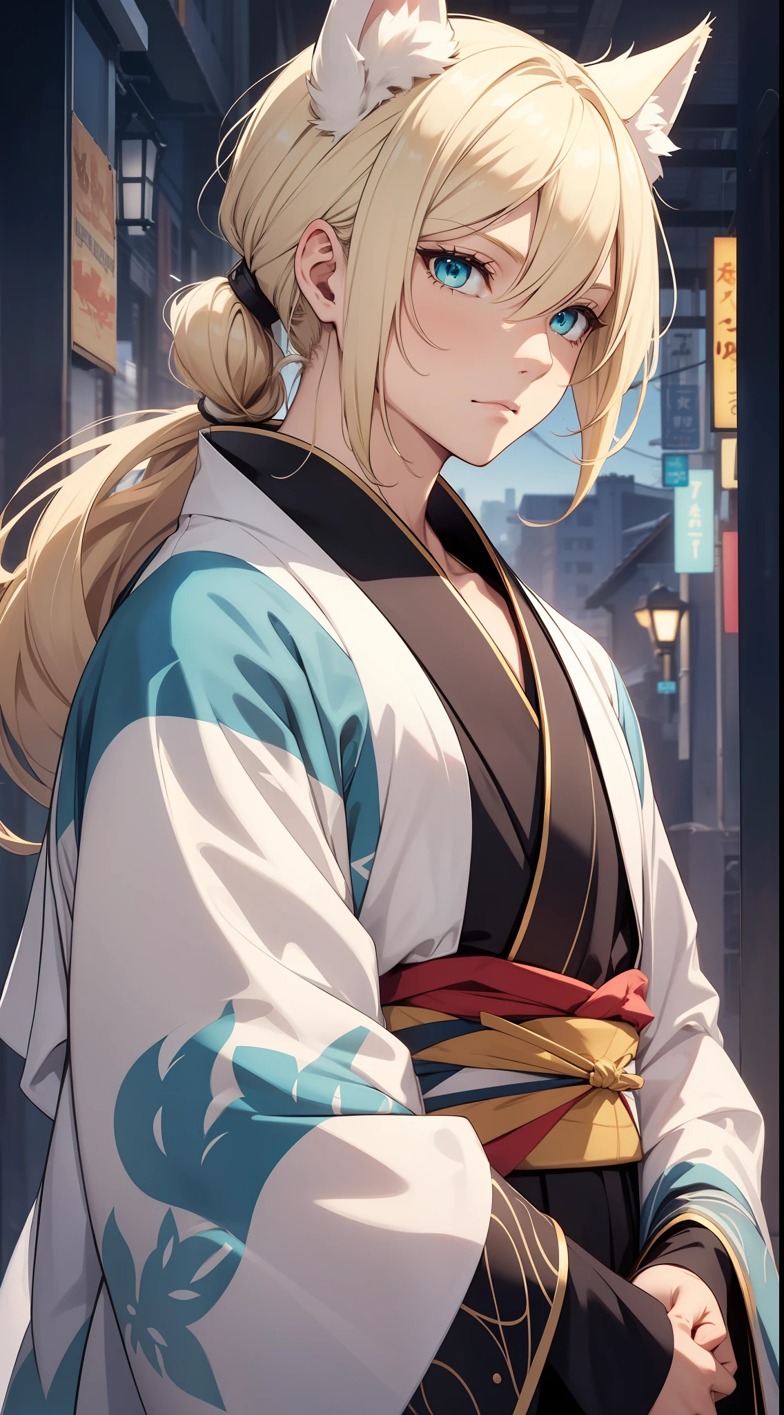 adult man, light blonde hair, low ponytail, white fox ears, white fox tail, Cyan eyes, kimono, Masterpiece, hiquality