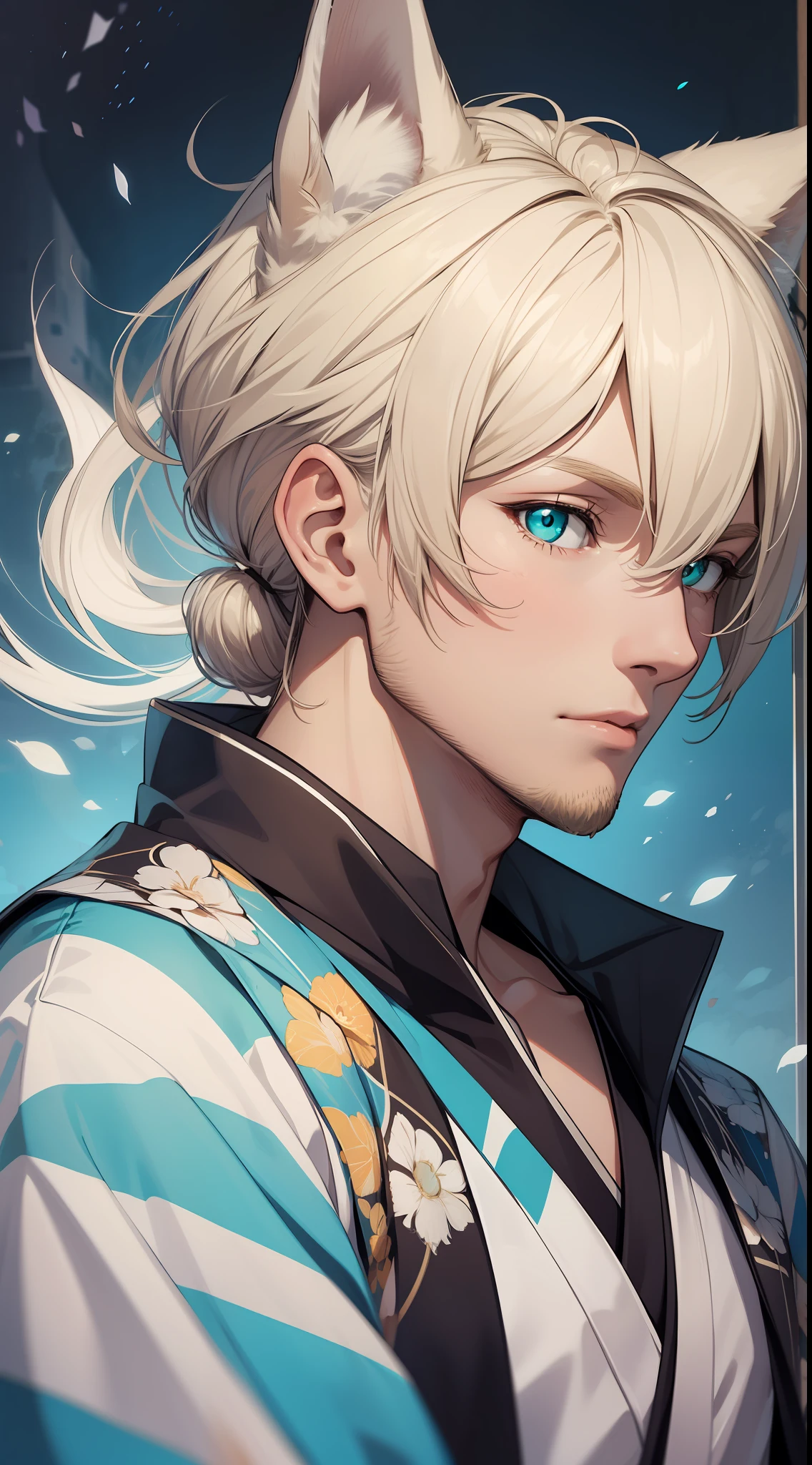 adult man, light blonde hair, low ponytail, white fox ears, white fox tail, Cyan eyes, kimono, Masterpiece, hiquality