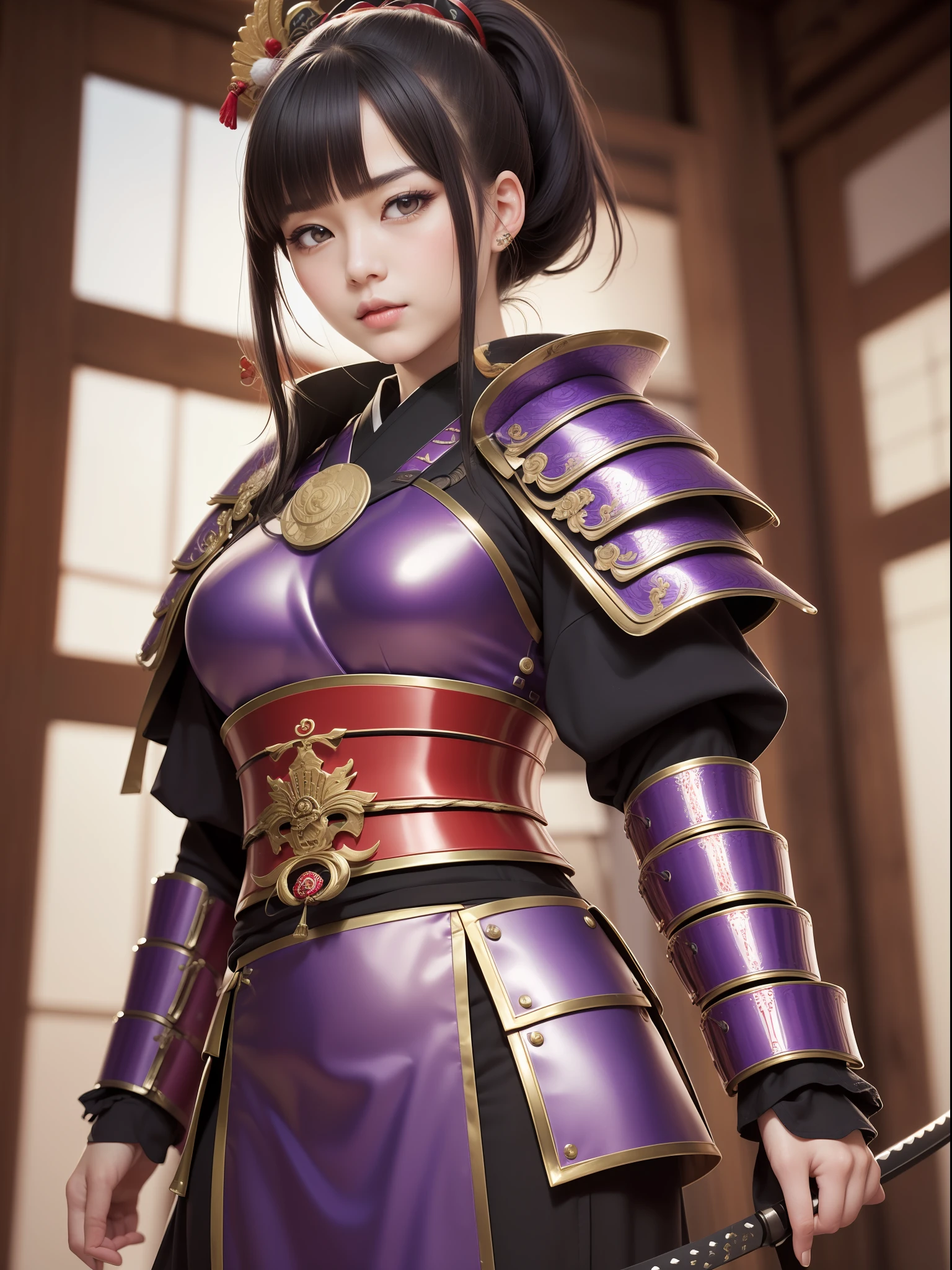 masuter piece, best qualtiy, (((realisitic, Photorealsitic:1.37))), ((独奏)), 8K image quality , extremely delicate and beautiful, splendid, Official art with attention to detail, Unbelievably ridiculous, huge filesize, ultra-detailliert, ighly detailed, (Pretty girl), (detailed girl), Eyes and faces with detailed, Beautiful detailed eyes, Light makeup, (1 girl), (Perfect female figure), slender, (The beauty of the Japan), ((fullllbody)), ((poneyTail)), With bangs, ((Samurai Japan Woman)), ((Japan purple and red armor), (Detailed Japan armor), (20yr old), ((Samurai Japan Woman)), Wakizashi, (Detailed Japan armor), Shrines and Buddhas