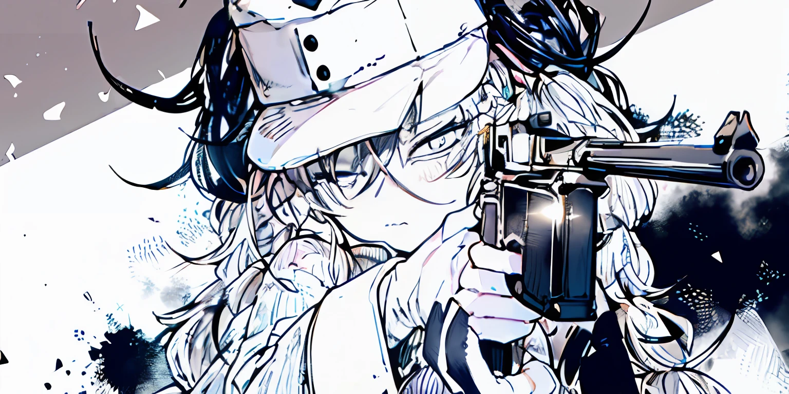 Anime girl with gun in hand，A hat on his head, trigger anime artstyle, with pistol, gapmoe yandere, anime machine gun fire, with rifle, Yandere, akane owari danganronpa, With a gun, Female protagonist 👀 :8, monochrome artwork!!, Tsutomu Nihei style, cool shading, from girls frontline