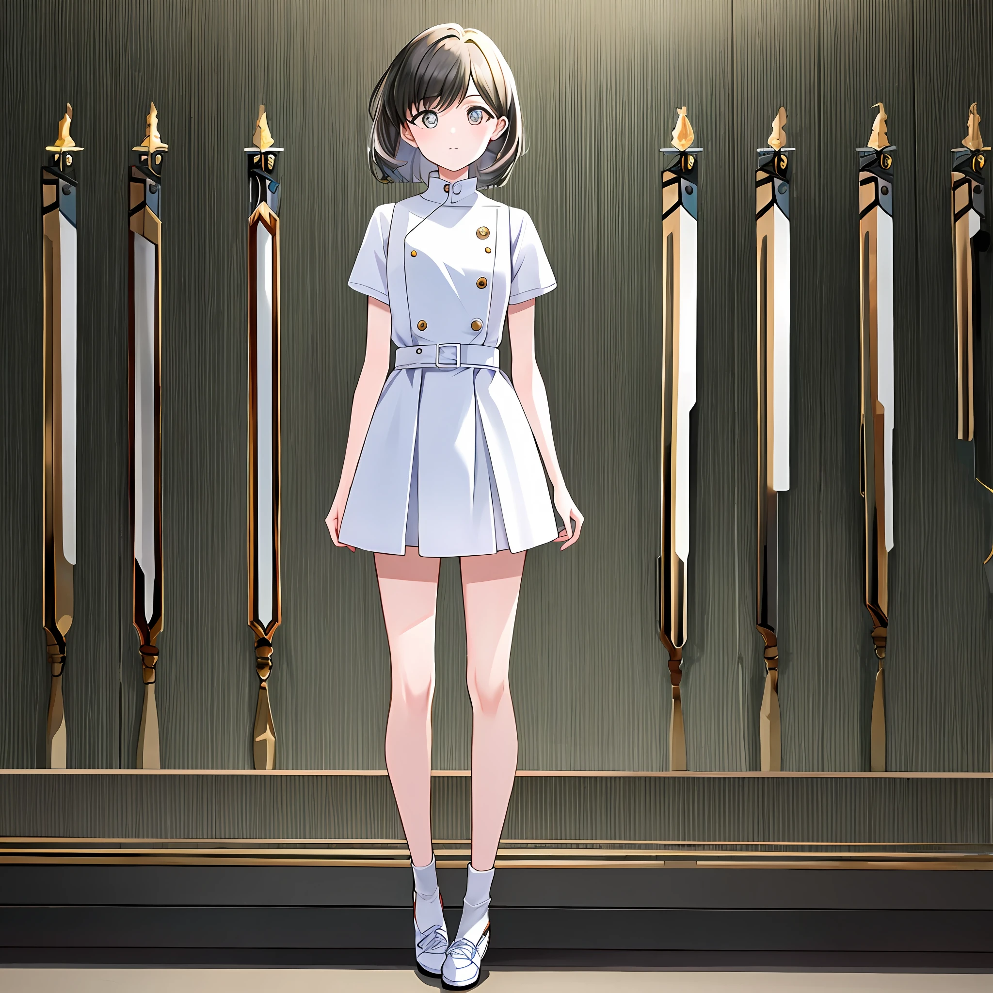 Real Human,The color of the two eyes is not the same,short detailed hair,white clothes,Full body photo,One meter six eight,Thin,gentle and cute