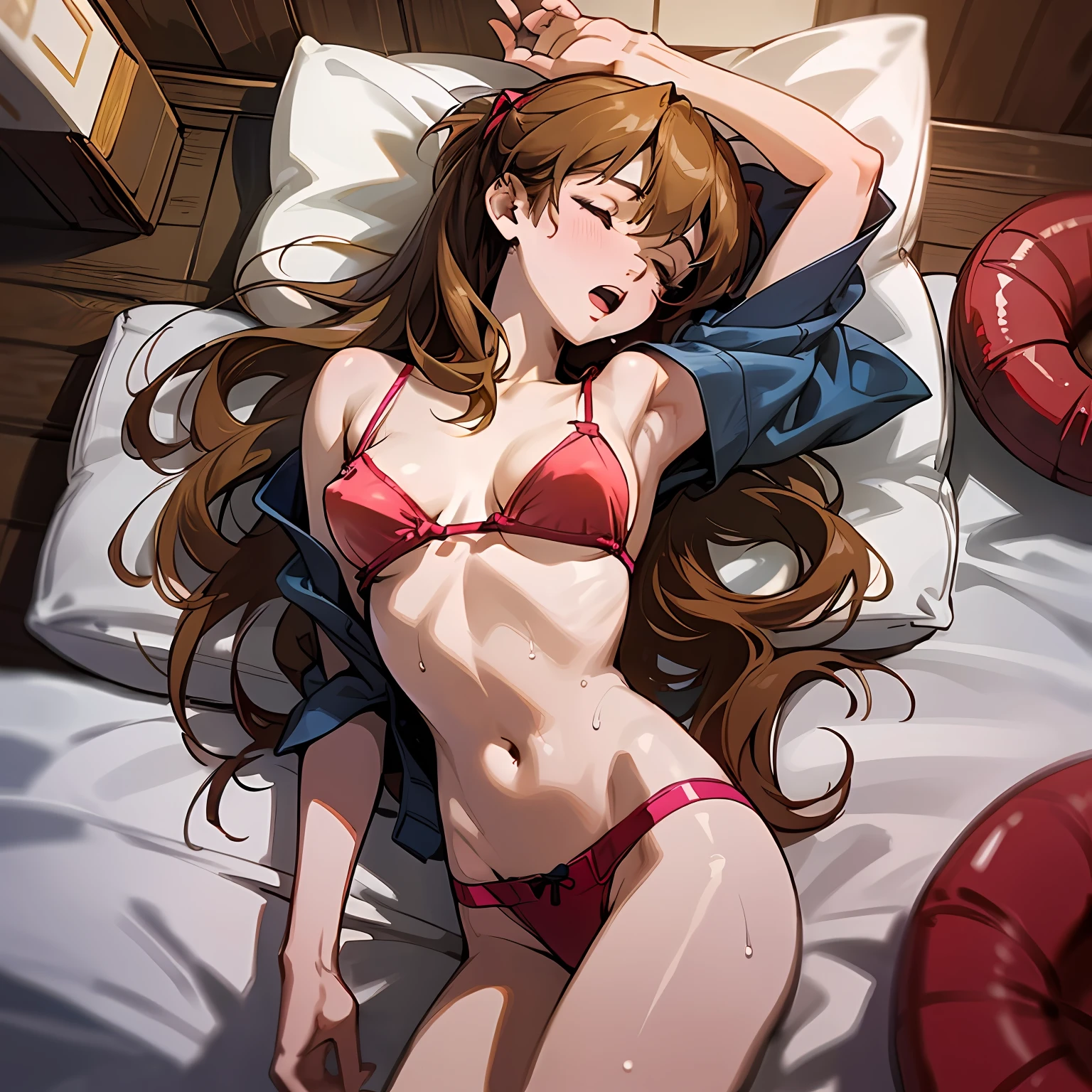 Hair band, medium hair, ribbon, socks,((((Highest quality, 8k, 32k, masterpiece, UHD: 1.2)))), pictures of cute Japan women, perfectly cute girl, one girl, man, delicate smooth skin, realistic skin, perfect and beautiful face, perfect cute face, (from top: 1.2), , (light black underwear, wet, beautiful nipple slip: 1.4)), transparent flesh-colored micro bikini, standing)), shiny skin, beautiful waist constriction, masterpiece, Top quality, High resolution, Solo, Small, Indoors, Out-of-position bra, T-back, (reach: 1.2), lying down, From above, Arms extended,bed, disheveled underwear, Rough breath, Sexual expression invitation, Single girl, Light bra,,, Cleavage, Closed eyes, Lips, Long Hair, Open Mouth, photo_, pink_bra, pink_shorts, Real, Sleeping, Wet Underwear,(Masterpiece),(Photoreal: 1.3), NFSW, Ultra Detailed, (High Detail Skin: 1.2), (Best Quality: 1.0), (Ultra High Definition: 1.0), (Best Quality, 8k, 32k, Masterpiece, UHD: 1.2), ((Spread Legs)), Hide your crotch with your hands, float your hips 1 girl, 1 girl, Asuka, red clothes, Evangelion, 8K, top quality, fold hands and cross your hips