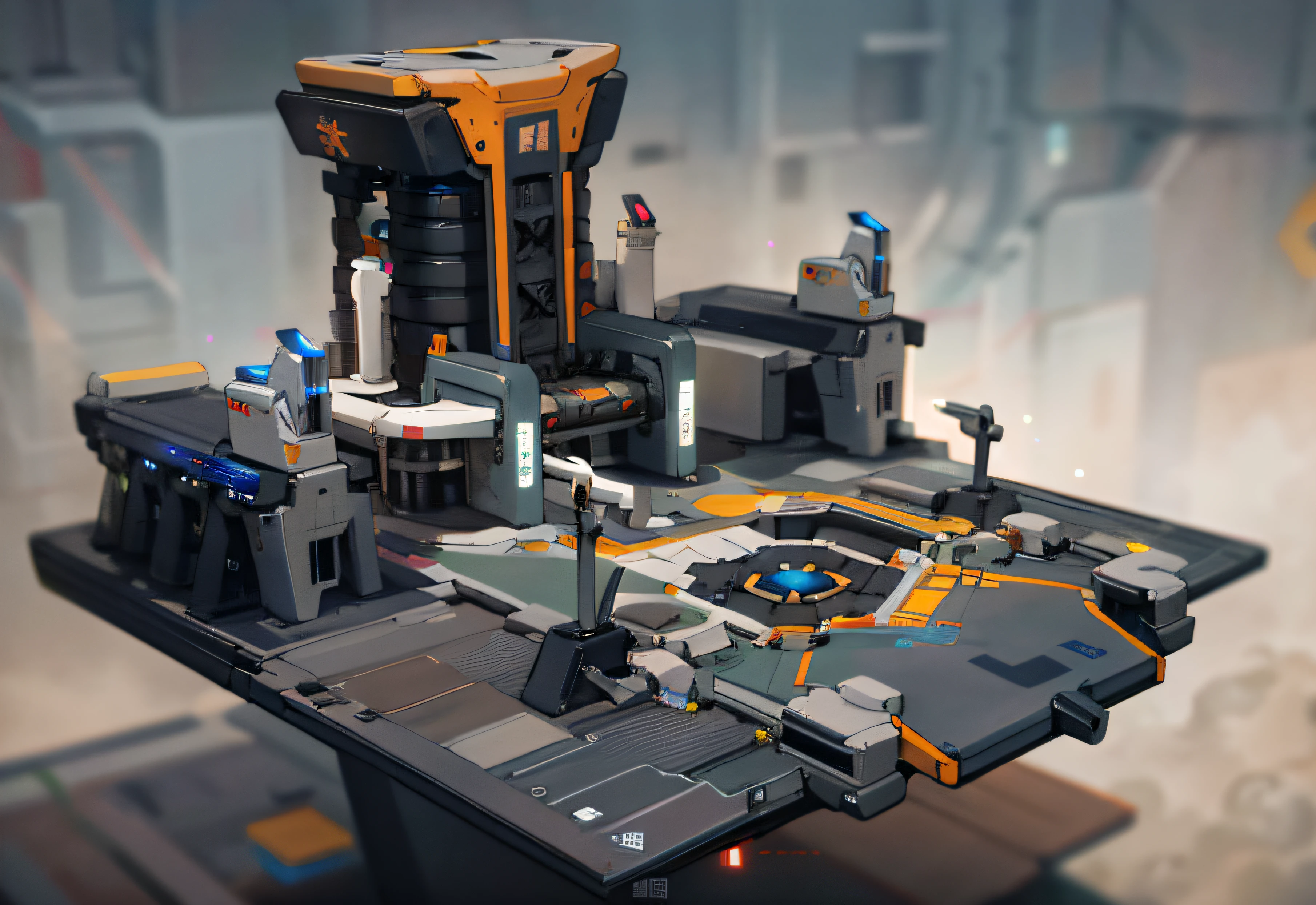(((8K,RAW photos,best qualtiy,tmasterpiece:1.4))),超高分辨率,ultra - detailed,illustratio,closeup cleavage,sense of science and technology,mirai、imagining、military base,overwatch style,Building,There are statues on the roof,Leveled square