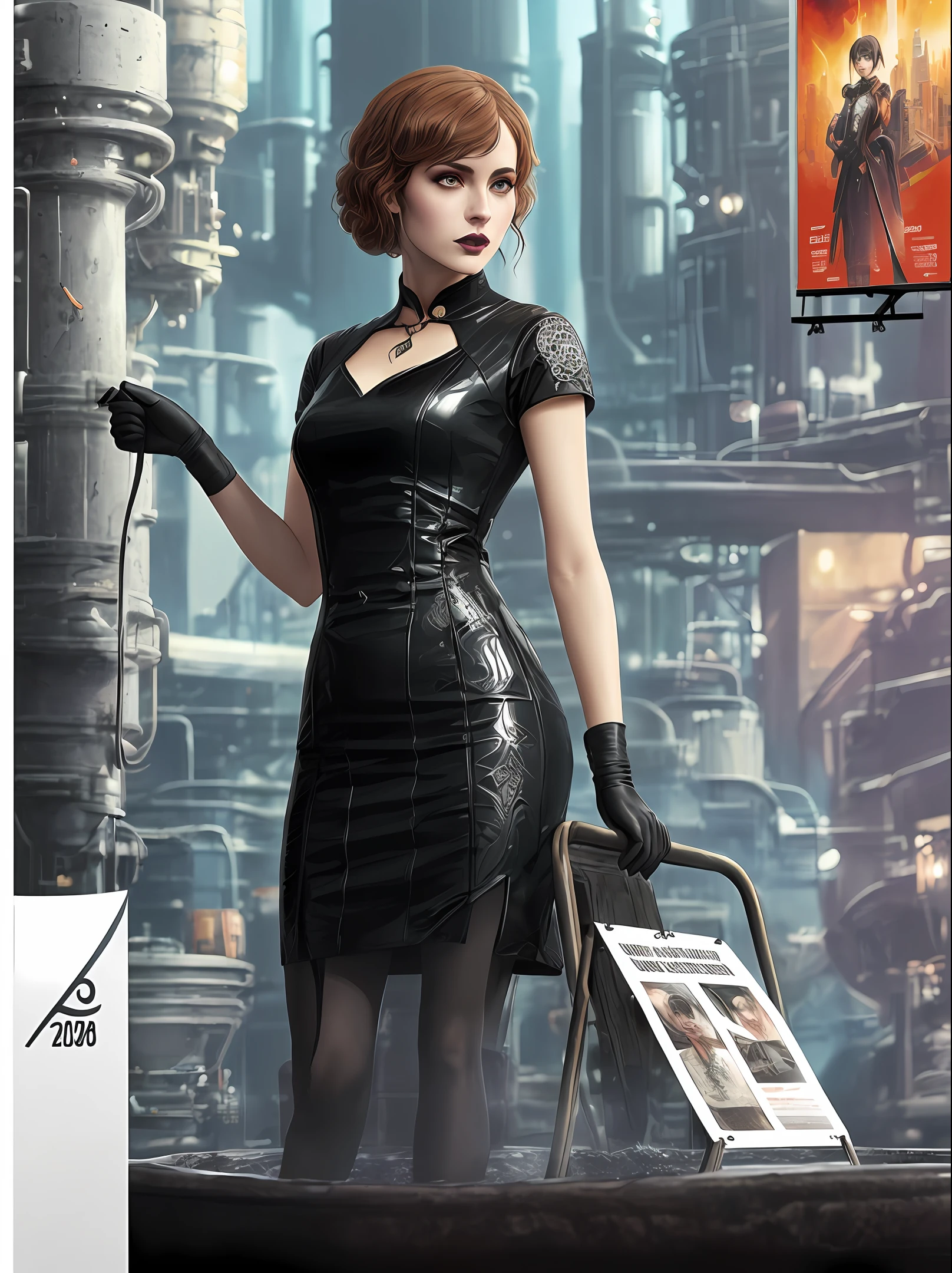 Carla Juri as Dr. Ana Stelline from Blade Runner 2049, sits on a chair, (poster:1.6), poster on wall, movie poster, (portrait:1.3), ((thin transparent qipao dress)),  black hair,
((japanese rock garden and pond, bonsai)), movie poster, ((high-tech interior style and futurism)),, factory and huge Industrial robots on background,
(elegant, beautiful face), (gothic makeup:1.2)
((ultradetaled skin texture)), intricately detailed, fine details, hyperdetailed, raytracing, subsurface scattering, diffused soft lighting, shallow depth of field, Intricate, High Detail, Sharp focus, dramatic, photorealistic painting art by greg rutkowski