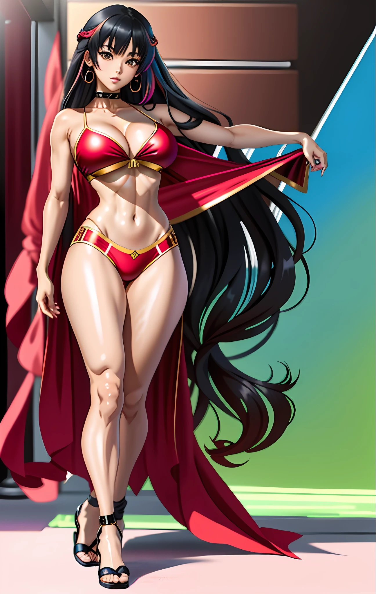 araffe woman in a red bikini and a long black hair, sexy body, big boobs, full body, anime girl with colorful hair and a colorful dress, rossdraws pastel vibrant, rossdraws cartoon vibrant, anime style 4 k, beautiful anime portrait, artgerm colorful!!!, ! dream artgerm, beautiful anime girl, anime styled digital art, anime art wallpaper 4k, anime art wallpaper 4 k, digital anime art, extremely detailed artgerm