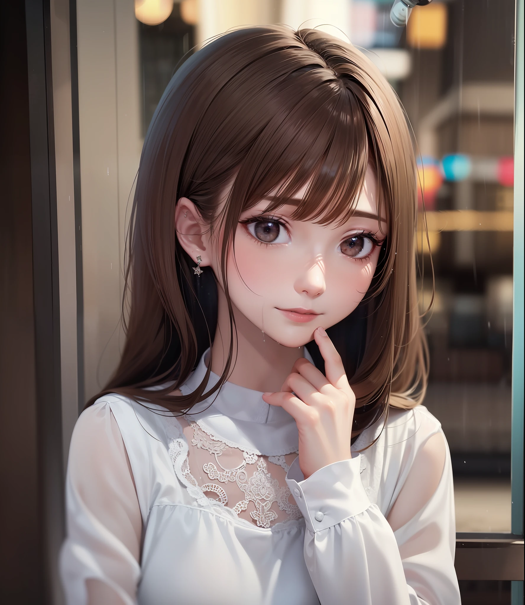 (8K, Best quality, Masterpiece:1.2), Super detailed, One girl,Cute face, Solo,,Beautiful Woman with Perfect Style: 1.4,((Dark brown hair, :1.2)), Very detailed face and skin texture, Detailed eyes, Double eyelids,  Light clothing, realistic and photogenic image quality, late night diner, America, wistful beautiful girl, Stand outside,Wet hair，It's raining，Dress properly，Light，
