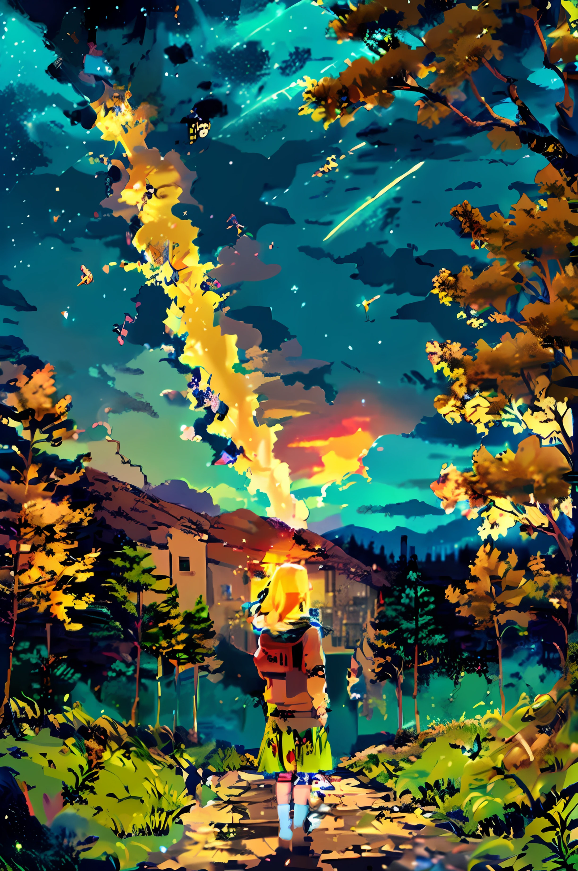 deep in the night,Girl in skirt under a towering tree,At this time, A meteor flew by,fireflies flying,Girl with blonde hair,Clap your hands together,Look up at the stars,Pray to the stars,He has a Chinese dog by his side --auto