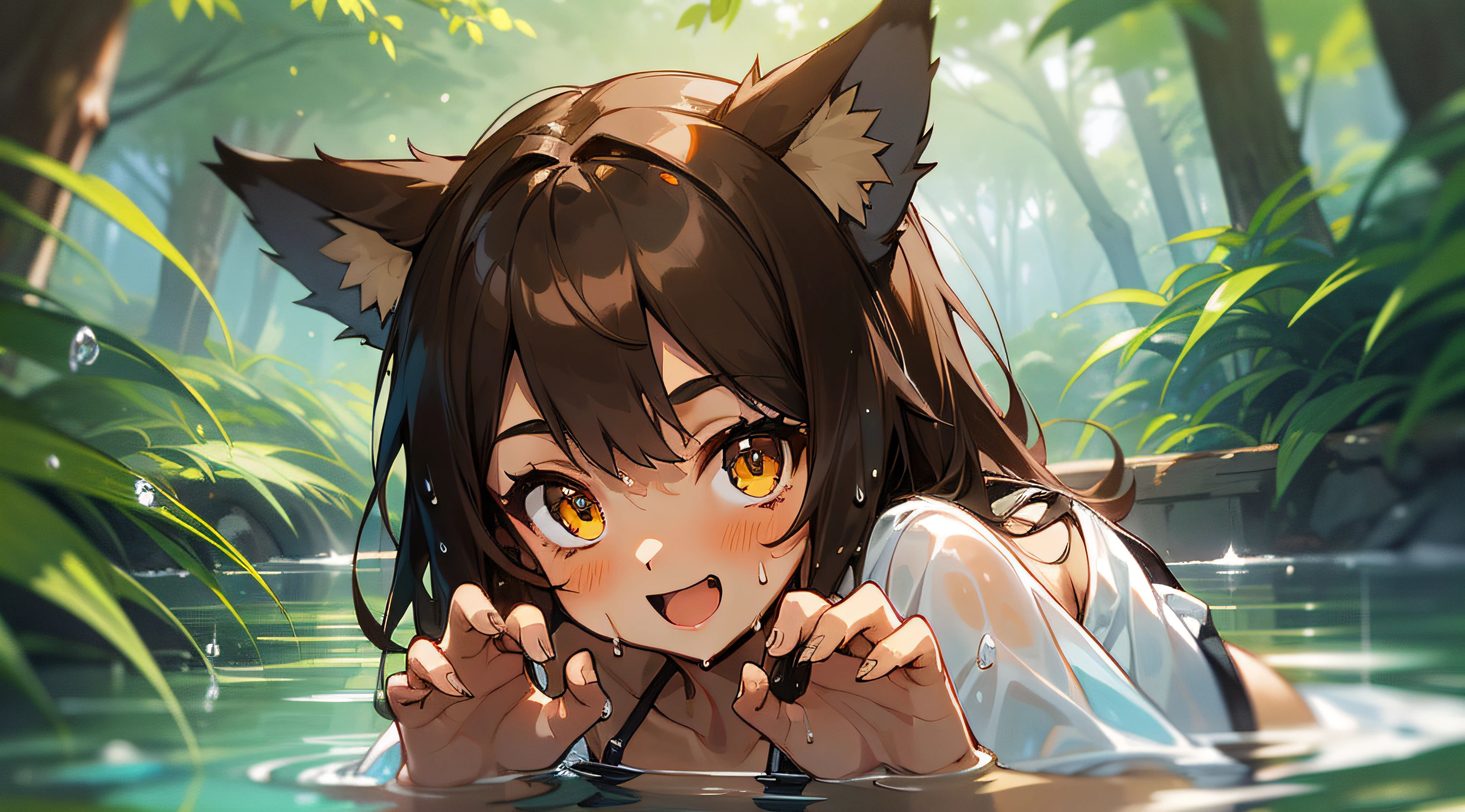 ((Brown skin tone:1.5))、Wolf ears、Wolf's tail、girl with、Black bikini with metal fittings、Majestic nature、the woods、Yellow cat-like eyes、lake、Innocent smile、Hands raised,Wet、splash water、Opening Mouth、tusk、claw pose
