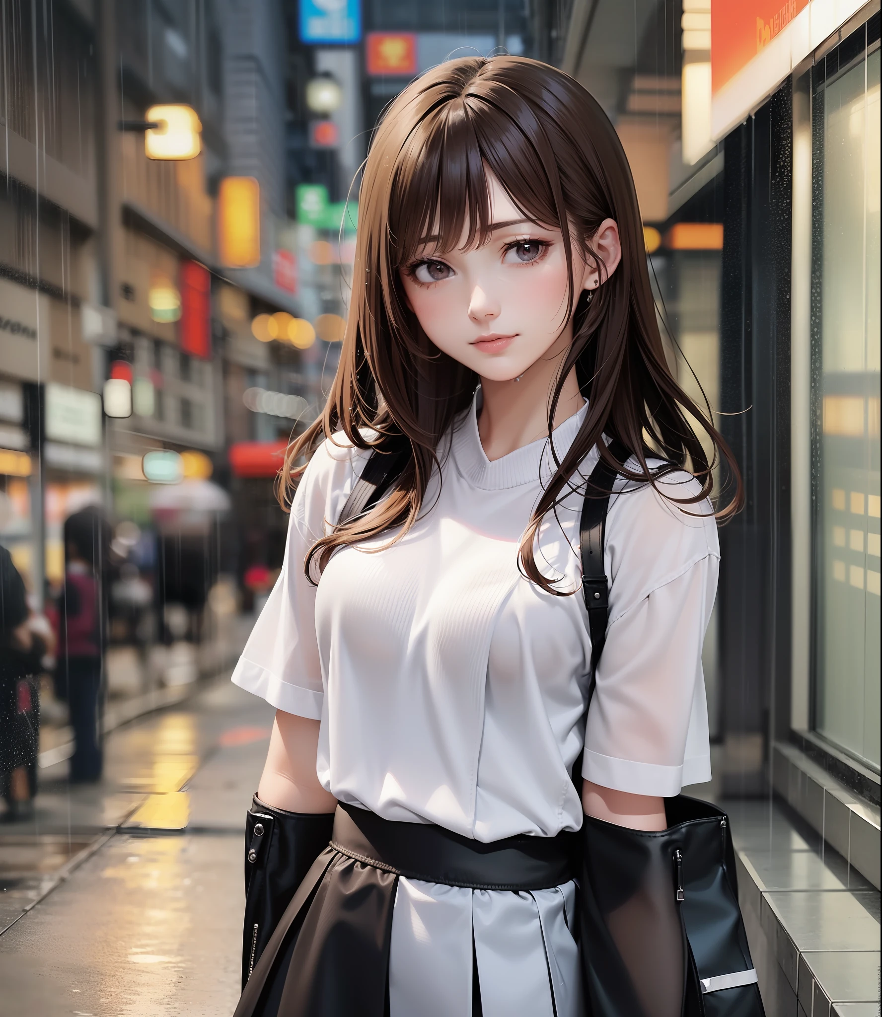 (8K, Best quality, Masterpiece:1.2), Super detailed, One girl,Cute face, Solo,,Beautiful Woman with Perfect Style: 1.4,((Dark brown hair, :1.2)), Very detailed face and skin texture, Detailed eyes, Double eyelids, Light clothing, realistic and photogenic image quality, late night diner, America, wistful beautiful girl, Stand outside,Wet hair,It's raining,Dress properly,Light,
