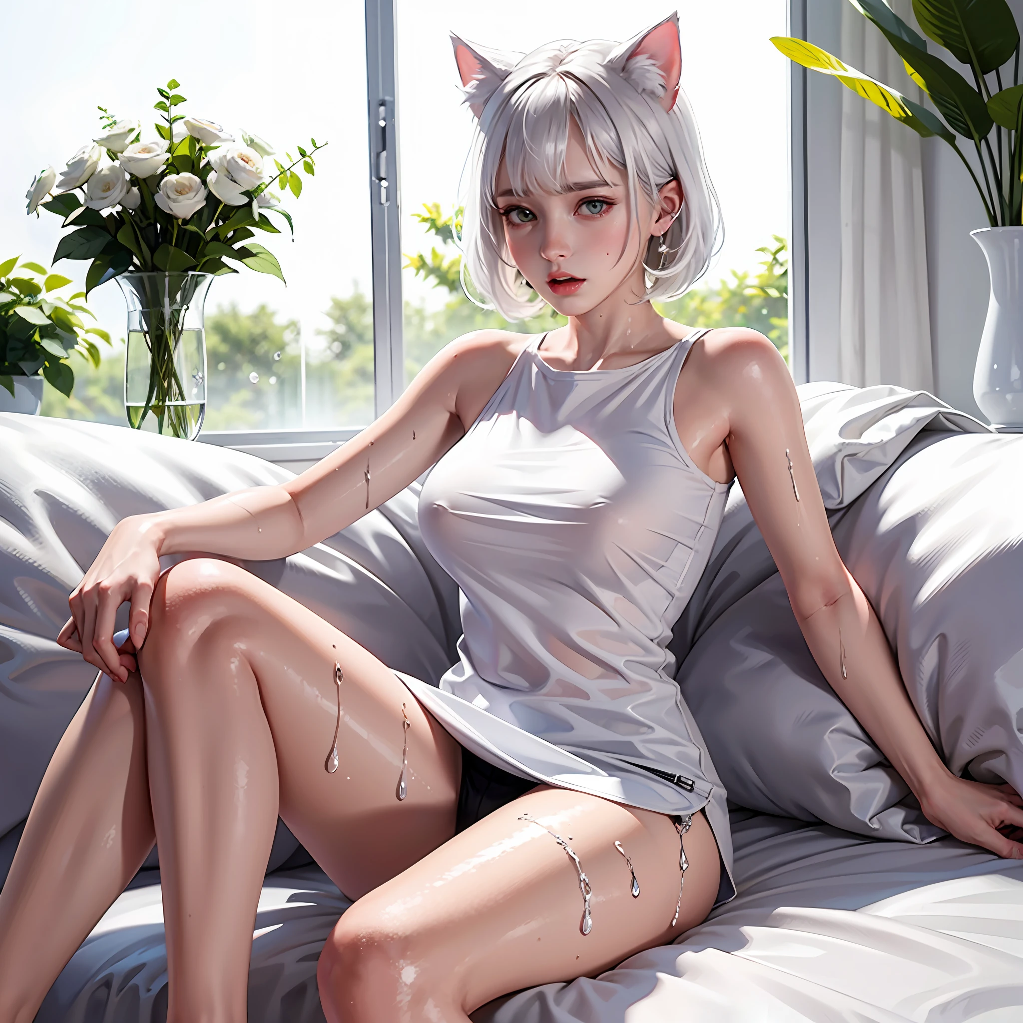 White hair, big breasts, , white cat ears, white top, wet, sitting on the bed, rosy cheeks, and aggrieved expression --auto