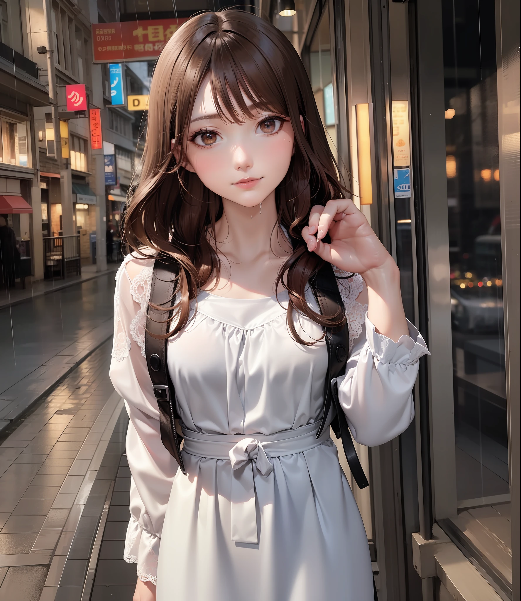 (8K, Best quality, Masterpiece:1.2), Super detailed, One girl,Cute face, Solo,,Beautiful Woman with Perfect Style: 1.4,((Dark brown hair, :1.2)), Very detailed face and skin texture, Detailed eyes, Double eyelids, Light clothing, realistic and photogenic image quality, late night diner, America, wistful beautiful girl, Stand outside,Wet hair,It's raining,Dress properly,Light,