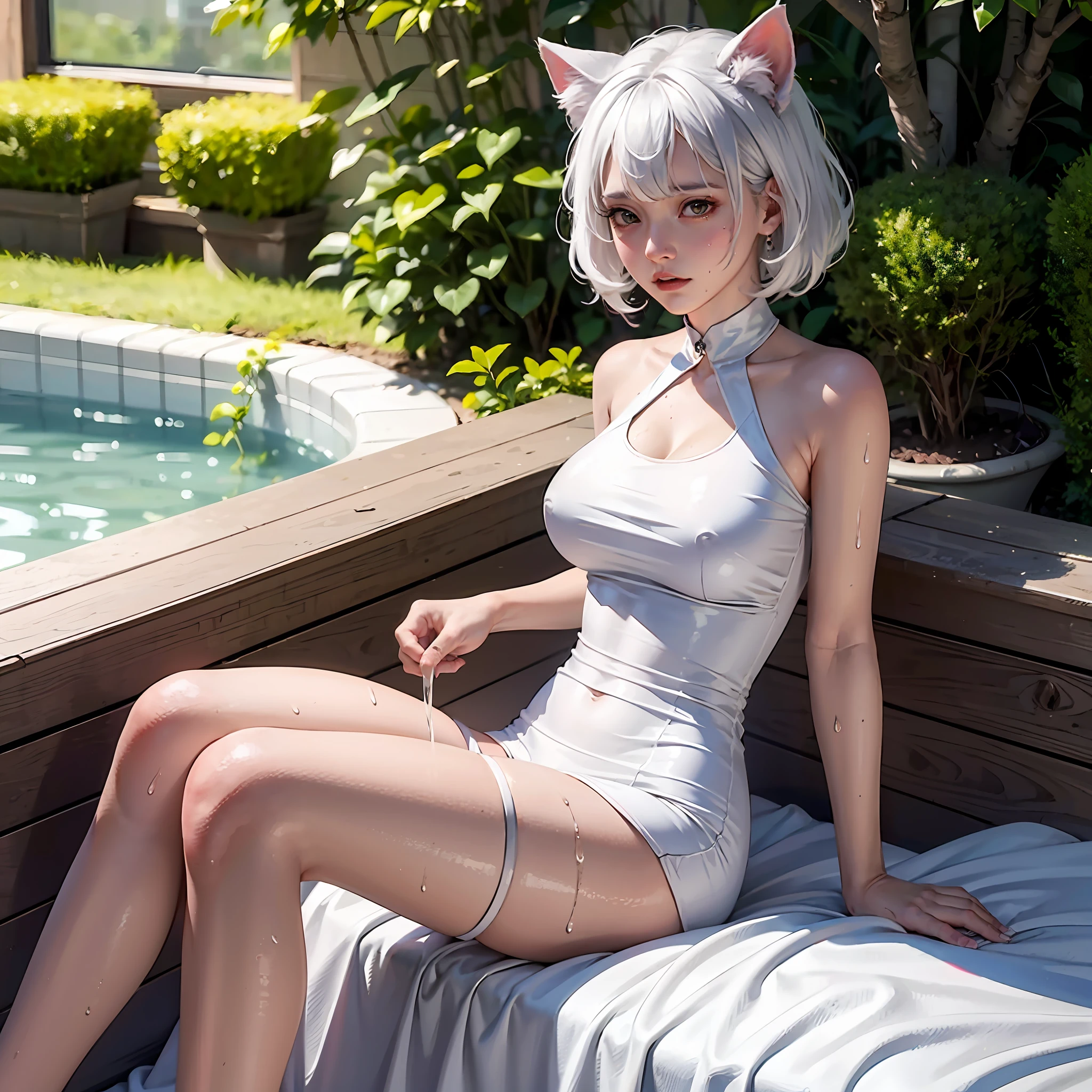 White hair, big breasts, li, white cat ears, white top, wet, sitting on the bed, rosy cheeks, and aggrieved expression --auto